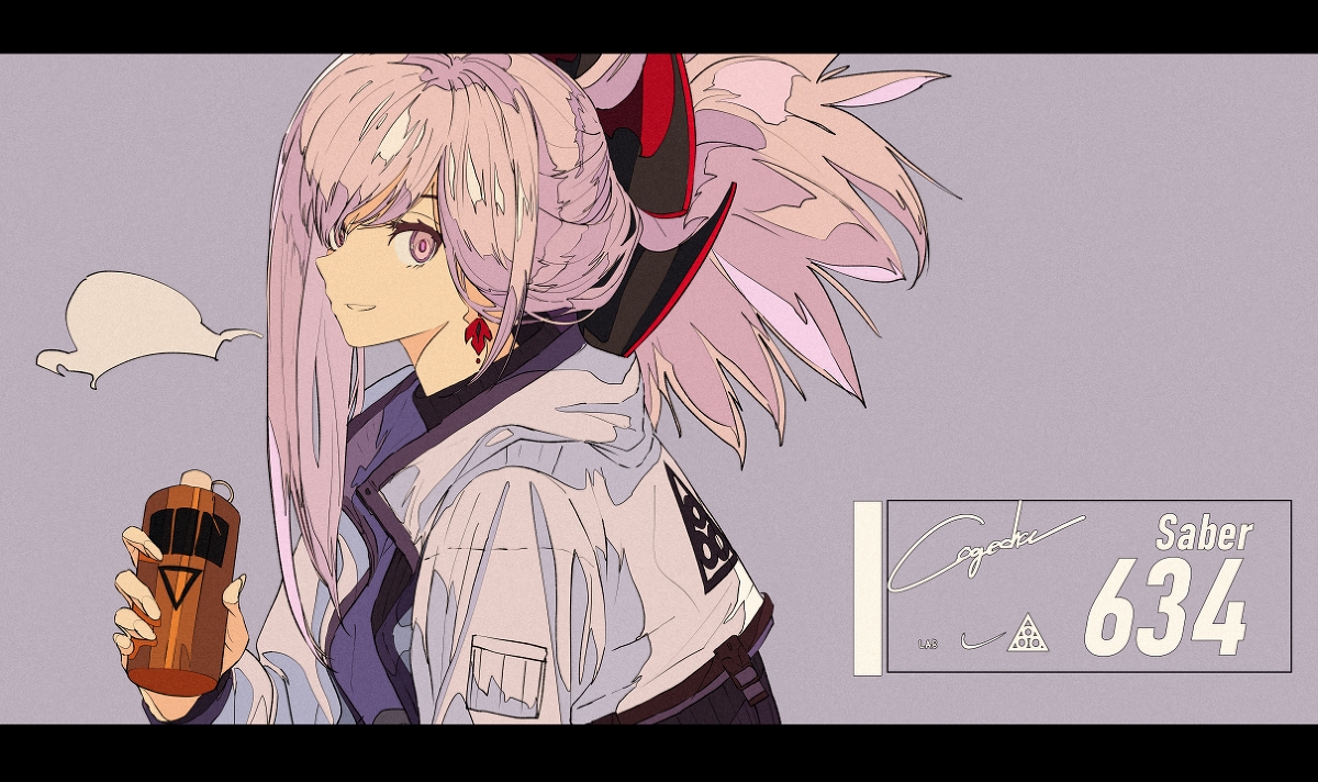 the image is a digital drawing of an animestyle female character, possibly fanart, labeled "saber 634". she has long, purple hair styled in a high ponytail with wispy strands.  she's wearing a casual, lightcolored jacket over a darker purple inner layer. her expression is soft and pleasant with a slight smile. she's holding a brown bottle that appears to be some kind of grenade or explosive device. the background is a muted purplegrey. a stylized signature "cogde" and various design elements appear in a box below her. the overall style is modern and trendy with a blend of anime and streetwear aesthetics.