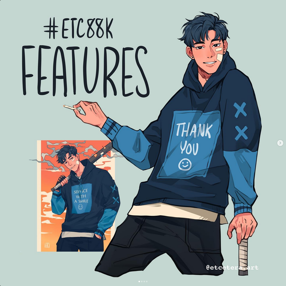 a digital illustration of an animestyle male character. he is wearing a blue hoodie with "thank you" written on it and a small yellow smiley face. he has short dark hair and is presented in two poses  one full body and one half body. the background is a light grayblue.