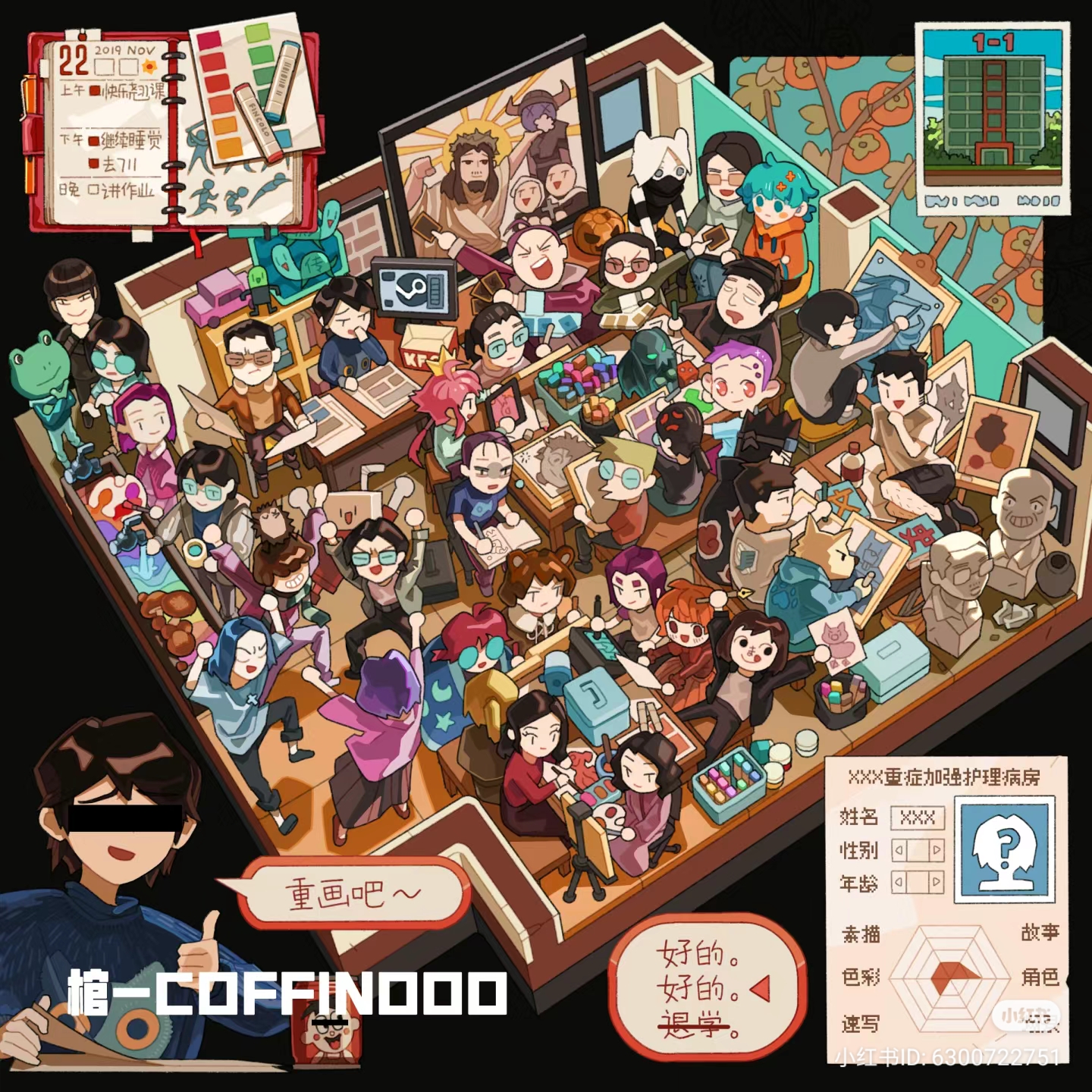 the image depicts a vibrant and lively art studio scene in an isometric view. the room is filled with numerous cartoon characters, likely young adults, engaged in various art activities. they are surrounded by art supplies, easels, and finished artwork adorning the walls. the atmosphere is bustling and creative, illuminated by bright, possibly artificial lighting. the overall impression is of a fun and collaborative art class or workshop.