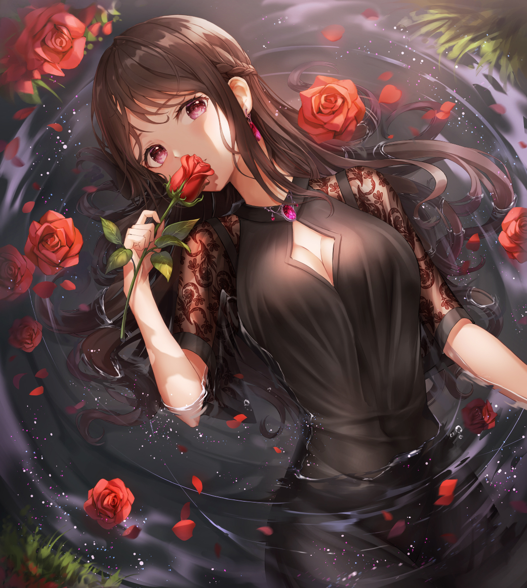 the image showcases an animestyle girl with long brown hair, adorned in a black lace dress. she's elegantly submerged in dark water, surrounded by red roses and rose petals.  the scene is romantic and slightly mysterious, with a dreamy, ethereal quality to the lighting and water effects. the girl appears serene and peaceful, holding a single red rose near her face. the overall style is painterly, with soft shading and attention to detail in the hair, clothing, and floral elements.