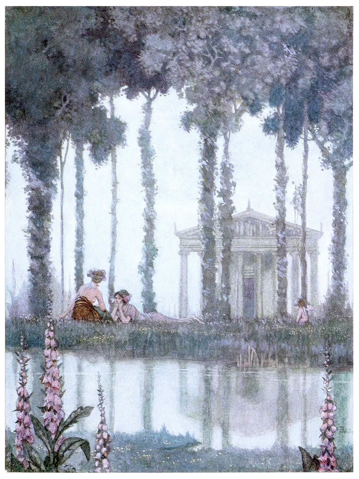 the image is an illustration or painting depicting a serene pastoral scene. in the foreground, two women are relaxing by a lake or pond. one woman is sitting upright, while the other is reclining. behind them, a row of tall, thin trees with dense foliage frames the scene. in the background, a classical architecture pavilion with columns is visible. the lake reflects the trees and the pavilion, creating a mirrorlike effect. in the foreground, there are several tall foxglove flowers in bloom, adding a touch of color to the scene. the overall atmosphere is tranquil and idyllic.