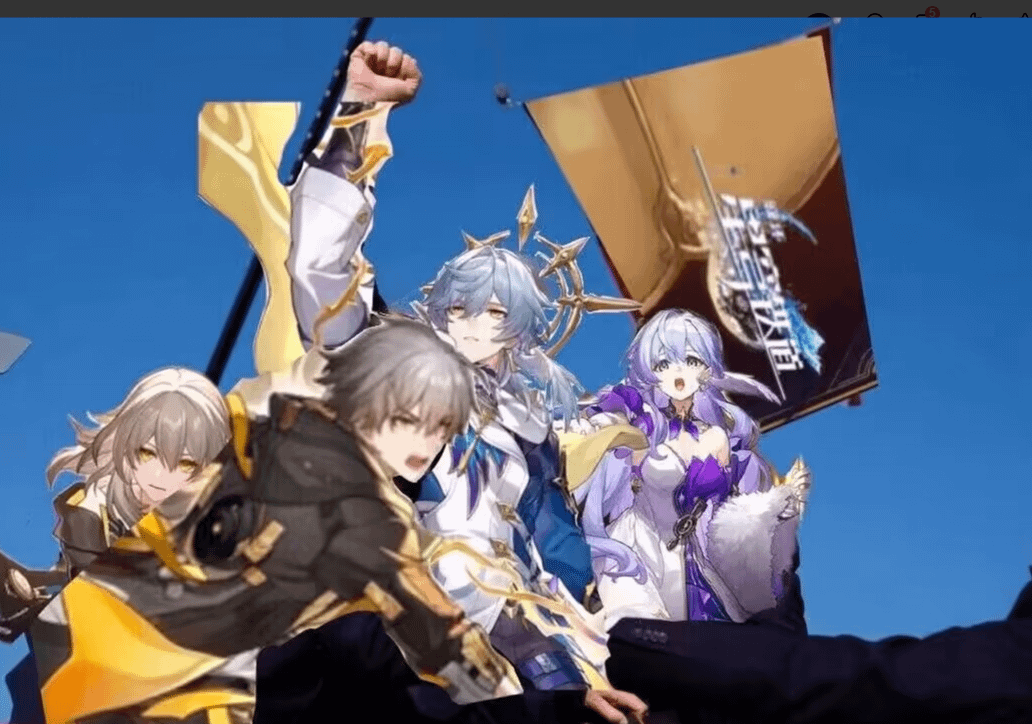the image is a digitally altered fanmade meme featuring several characters from the video game honkai: star rail.  the characters are depicted in a style reminiscent of a protest or march, holding a large game banner.  seele, blade, welt, dan heng and march 7th are prominently displayed. the image’s style blends aspects of the game's art style with a humorous, memetic presentation.  it conveys a sense of camaraderie and enthusiasm among fans.
