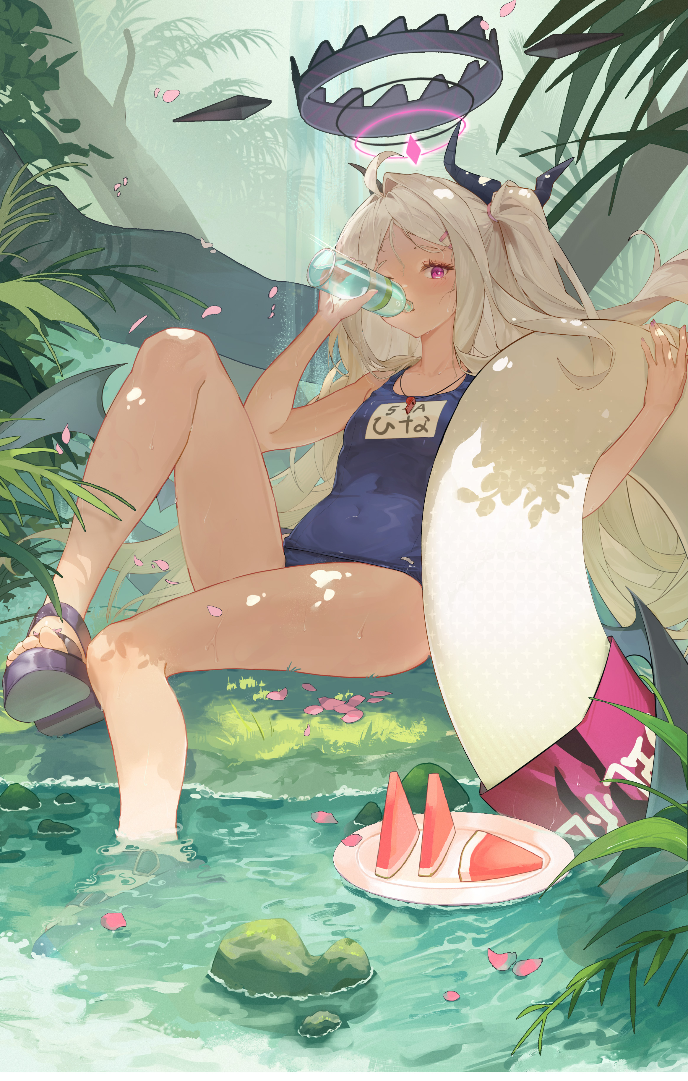 the illustration shows a young anime girl with long white hair and devil horns, wearing a blue swimsuit. she's sitting by a stream in a lush tropical setting, drinking from a bottle and relaxing on a surfboard.  there is watermelon slices on a plate near her. a crownlike halo is above her head.  the overall style is light and cheerful.