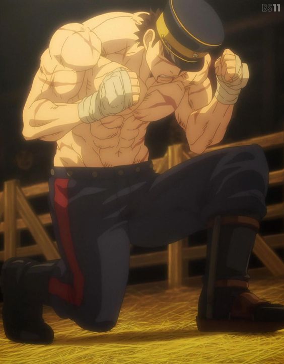 a muscular man with scars covering his body kneels on a wooden floor. he wears the bottom half of a military uniform and boxing bandages on his hands. the lighting is dramatic, highlighting the man's physique and intense expression. he appears to be in a caged fighting ring.