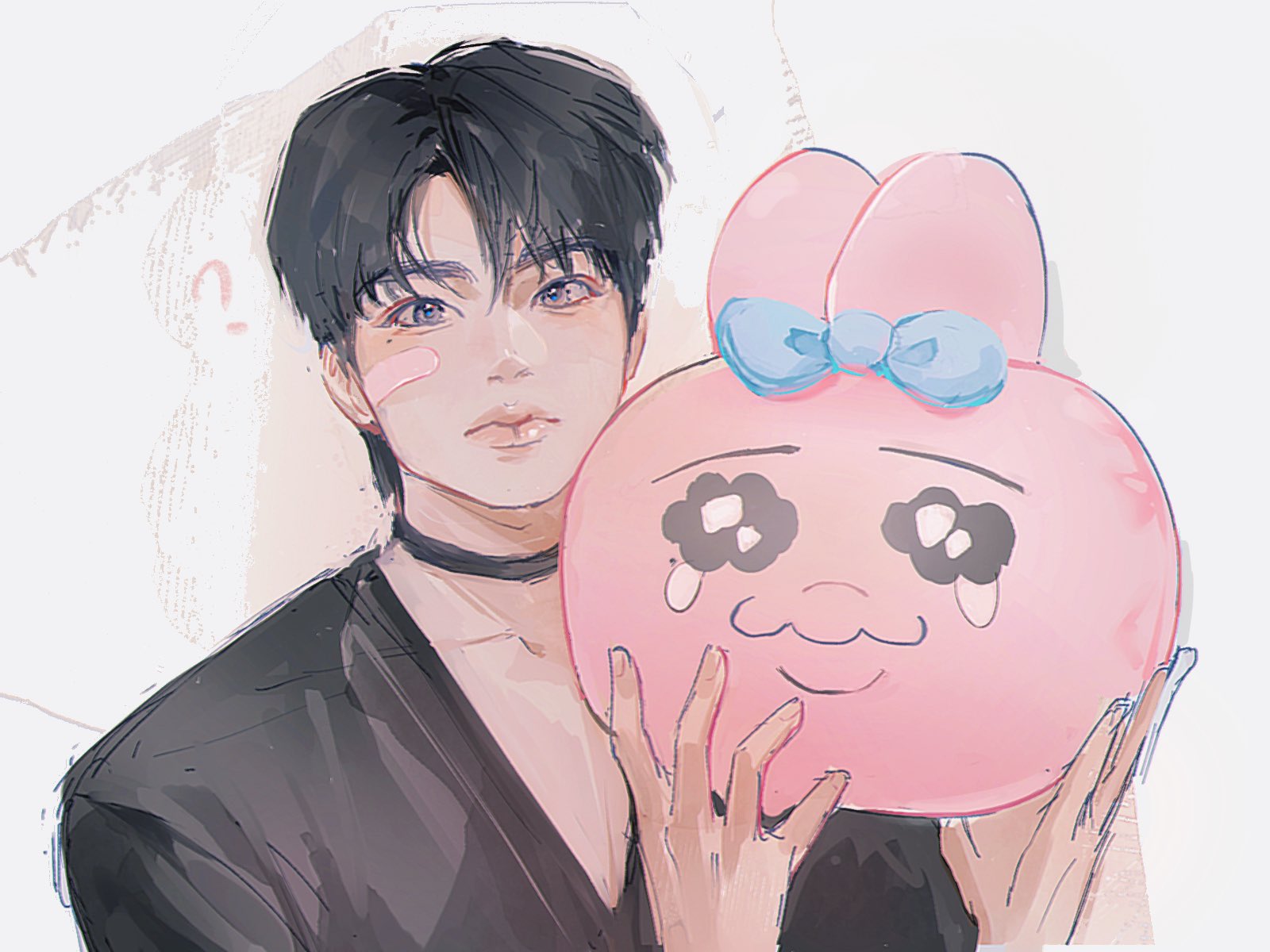 a digital illustration of a young man holding a large plush toy resembling a pink bunny with a slightly distressed expression. the man has dark hair, gentle features, and is wearing a black outfit. he gazes directly at the viewer, creating a sense of connection. the overall aesthetic is soft and fan art inspired, likely depicting a kpop idol.
