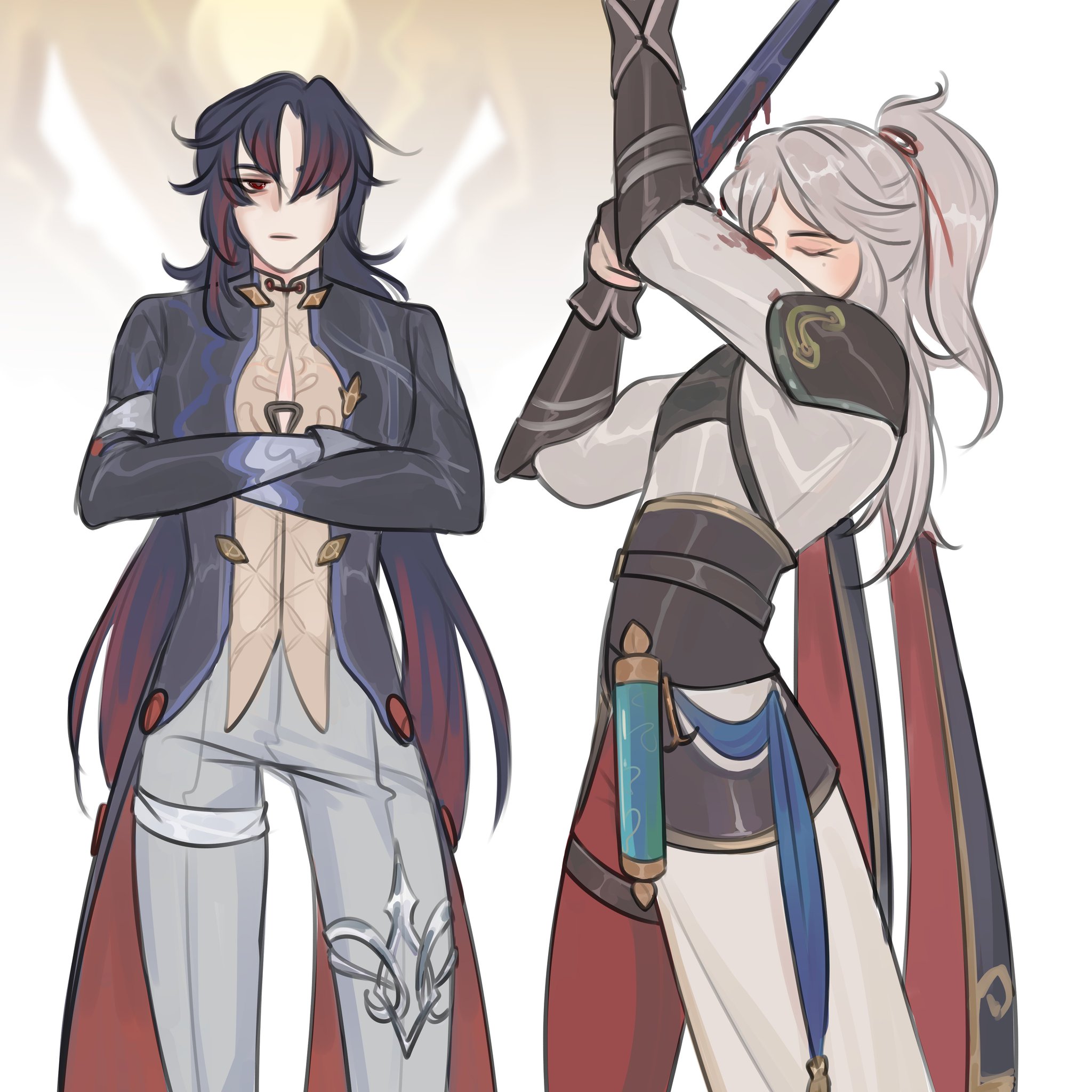 the illustration is a digital drawing of two animestyle characters, a male and a female. the female is on the left, with long black hair and red eyes. she is wearing a long black and white coat, a white shirt, and white pants.  her arms are crossed and she's looking off in the distance. the male is on the right, with long white hair, and red eyes. he has a sword in his hand and a red scarf around his neck. he is wearing a white and black coat and is looking down at the sword in his hand. the background is a soft yellow light, and the two characters appear to be in a battle stance.