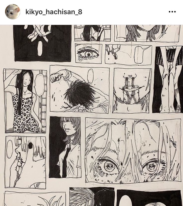 the image is a detailed closeup shot of a mangastyle ink drawing.  it's a collection of panels depicting various characters, primarily young women, in a range of emotional states, from calm to intense and distressed.  some panels show closeups of facial expressions, emphasizing the eyes and other features. there are suggestions of violence or intense situations in some panels. the artistic style is dark and expressive, utilizing heavy ink lines and shading to create a dramatic effect. the overall composition resembles a page from a manga or graphic novel. the artist's instagram handle, kikyo_hachisian_8, is visible in the upper left corner.