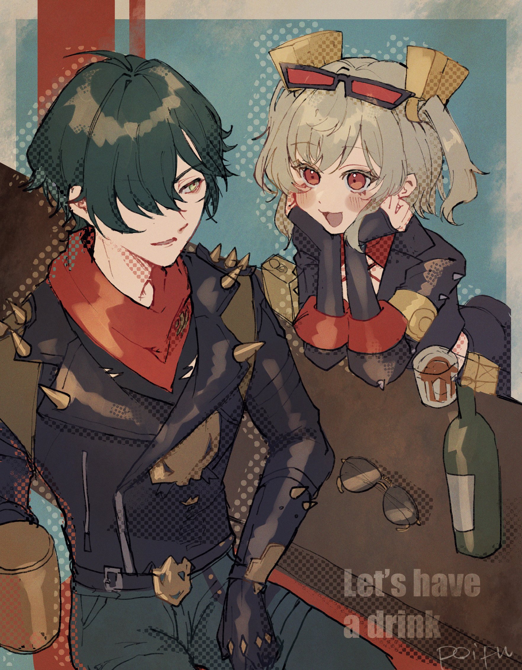 the image is a digital painting depicting two animestyle characters, a man and a woman, sitting at a bar. the man, on the left, has dark green hair and wears a dark leather jacket with spikes and a red scarf. he has a calm and slightly amused expression. the woman, on the right, has light blonde hair with yellow hair ornaments and is wearing a dark outfit with red accents and sunglasses. she has a cheerful and playful expression. both characters appear to be enjoying a drink, with a wine bottle and glasses visible on the bar table. the style is reminiscent of anime fanart, characterized by expressive eyes, detailed clothing, and a slightly stylized background with retrostyled textures and color palettes. the overall mood is relaxed and friendly, suggesting an intimate moment between the two.  text on the image reads "let's have a drink".