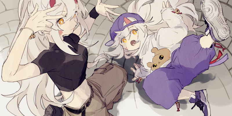 two anime girls with white hair and yellow eyes. they are both wearing casual clothing, with one girl wearing a black shirt and cargo pants and the other girl wearing a white shirt with a purple and blue pattern. the girl in the white shirt is also wearing a blue and purple baseball cap and a pair of sneakers. they are both standing on a grey and white floor, with one girl's arm on the other's shoulder. they both appear to be smiling.