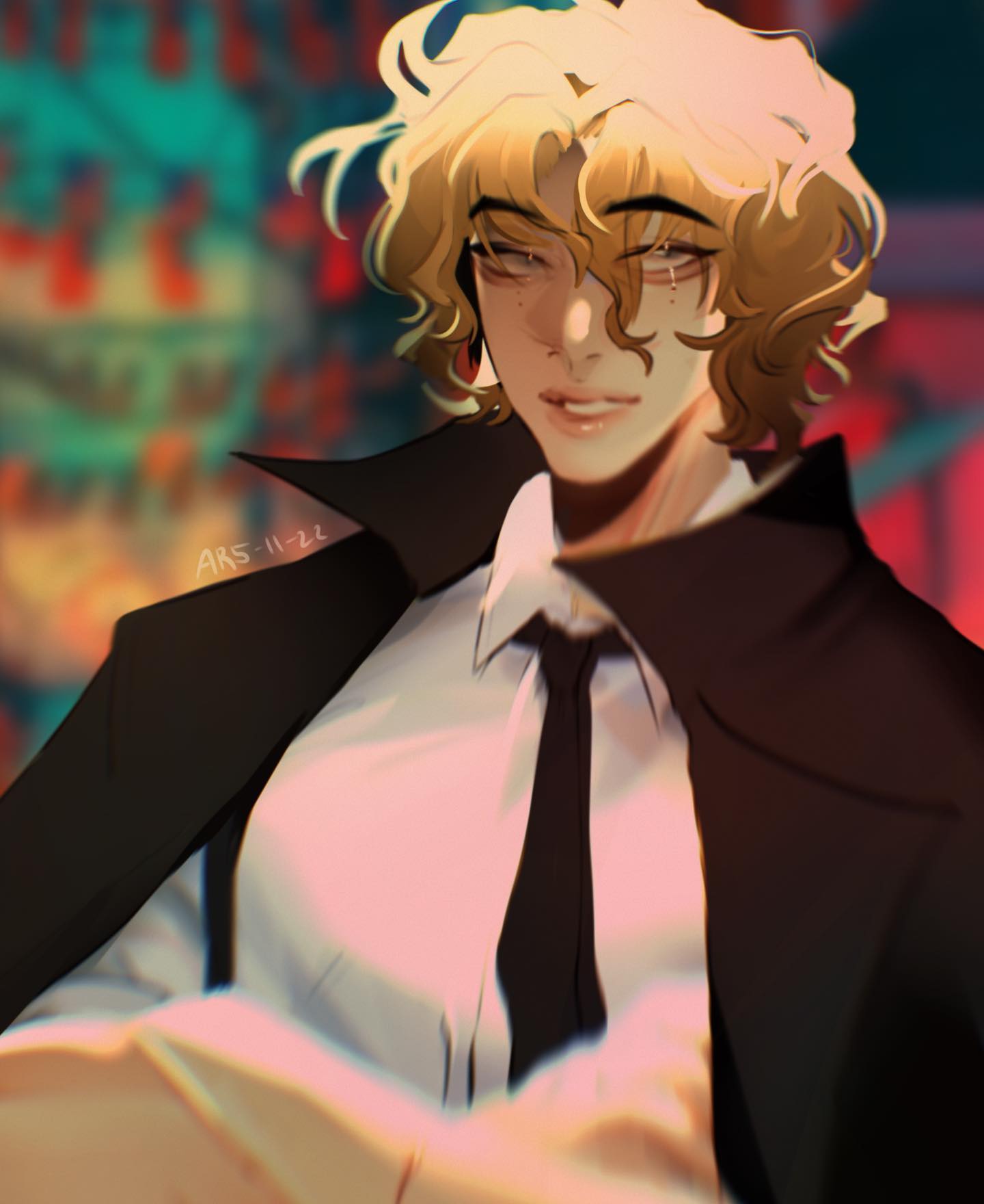 the image is a digital painting or illustration in an animeinfluenced style, depicting a young man with shoulderlength blond, curly hair. he's wearing a dark suit with a crisp white shirt and black tie.  his expression is somewhat serious or pensive. the background is blurred but shows vibrant, almost neonlike colors, suggesting a city or possibly fantasy setting.  the artist's signature "ars1122" is subtly visible in the upper left quadrant. the overall style is painterly, with a focus on light and shadow to create depth and mood. the character's pose and expression suggest a moment of contemplation or perhaps a secretive disposition.