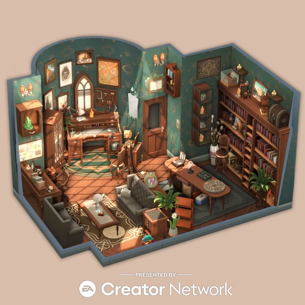 the image is a 3d isometric rendering showcasing a richly detailed study/library room created within the sims 4 game. the room is designed in a vintage, possibly occult or mystical style, featuring dark wood furniture, a large desk cluttered with various items, overflowing bookshelves, and plants. the walls are decorated with a dark teal wallpaper patterned with celestial elements like moons and stars.  a large window allows sunlight to stream in, illuminating the dust motes in the air. the overall atmosphere is cozy and inviting, indicative of a space where creative work or thoughtful study might occur. the image is presented with the ea creator network logo, indicating that the room was likely created by a community content creator for the game.