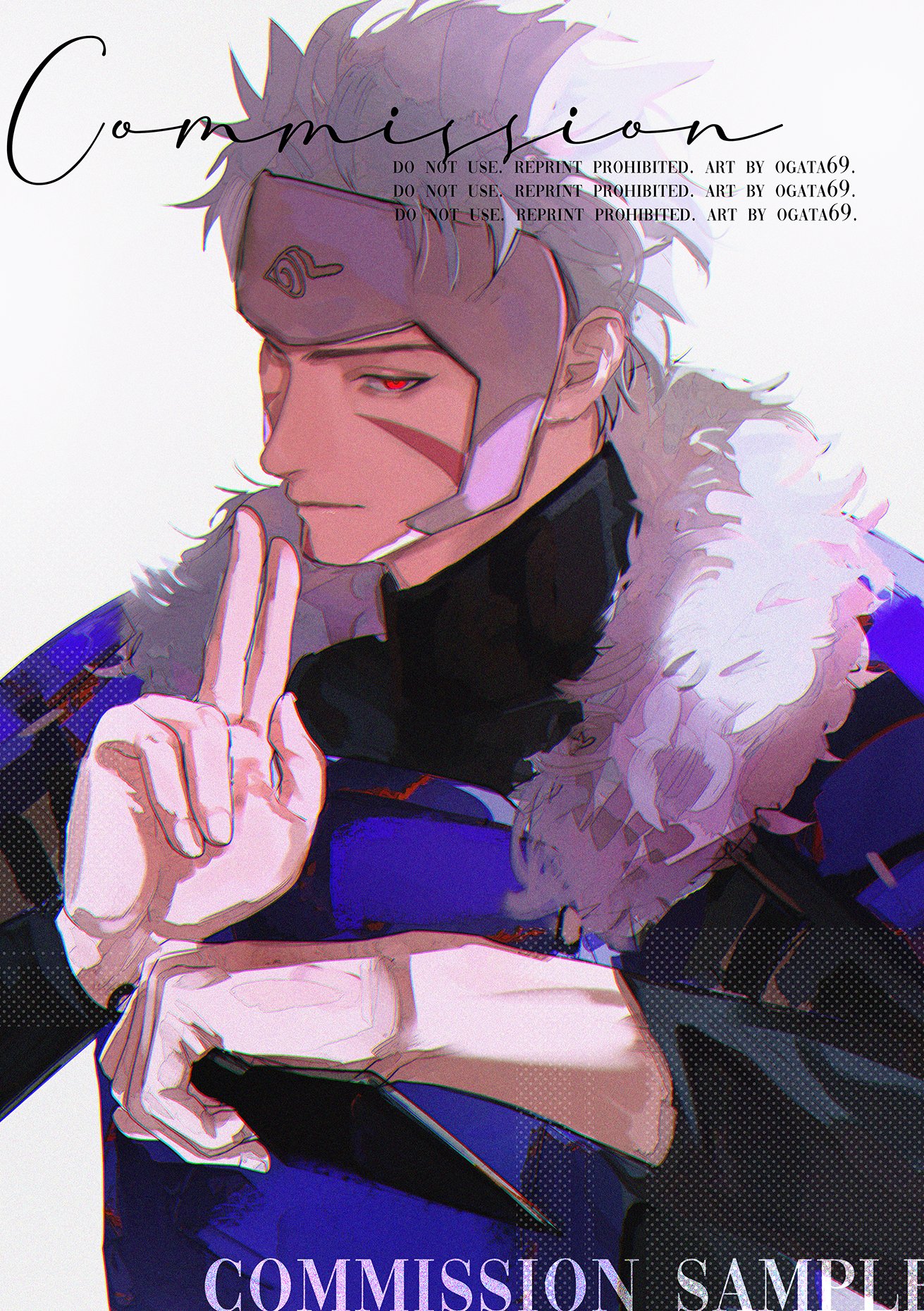 a digital art illustration of a male anime character. he has white hair, red eyes and is wearing a blue and purple shirt with a white fur scarf. he is holding his right hand up in a gesture with his fingers extended and his left arm is bent and resting on his arm. he is wearing a headband with a design on it. he is smiling slightly.  the image is labelled as "commission sample".