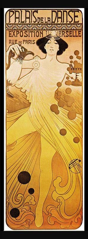 the image is an art nouveau poster for the palais de la danse at the exposition universelle in paris. it features a stylized woman with dark hair and a flowing yellow dress. she is holding a decorative vessel in her left hand, and what appears to be an ornate chalice or lamp in her right hand, from which small brown circles emanate. the background is a mix of brown and tan tones with decorative swirls and circles at the bottom. the text "palaise de la danse" is prominently displayed at the top, followed by "exposition universelle" and "rue de paris." the overall style is reminiscent of alphonse mucha's work.