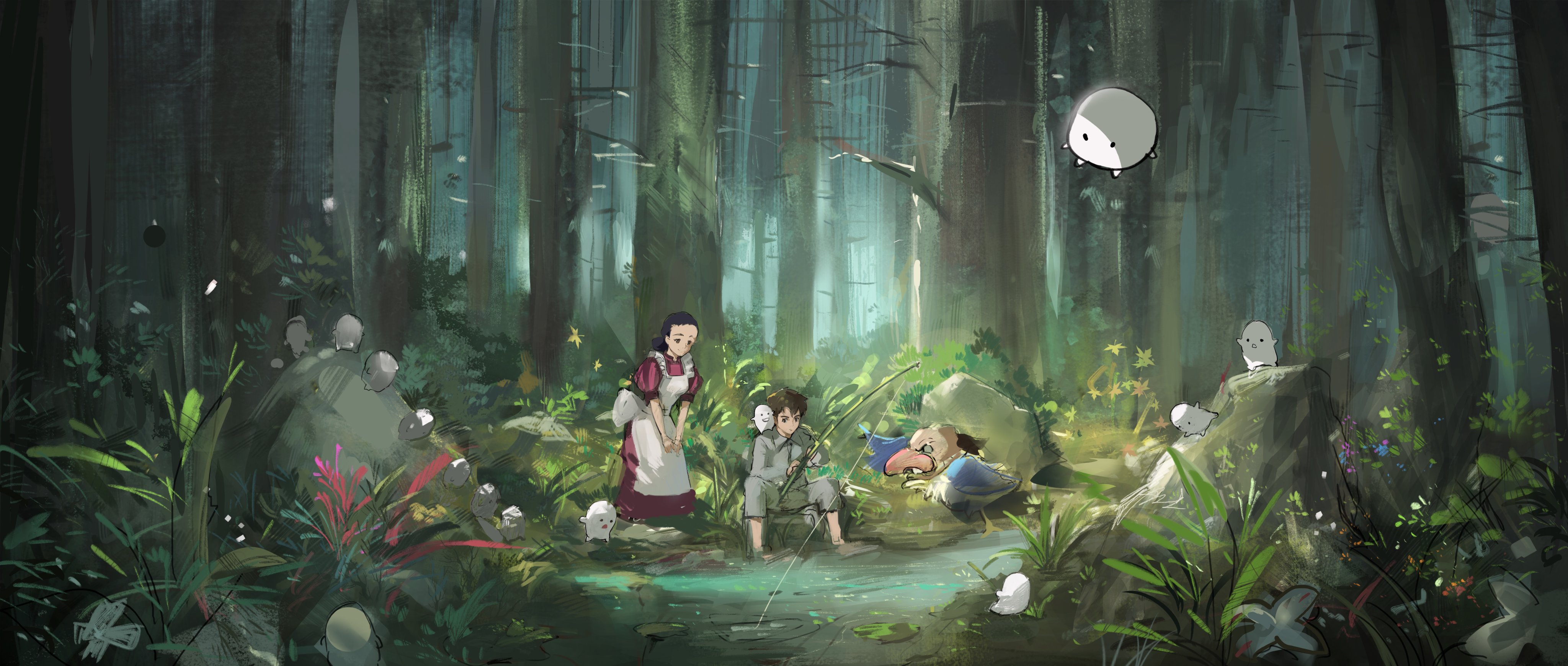 a digital painting in an anime style depicts a whimsical forest scene. a woman in a red and white dress stands behind a boy wearing a mask, who is fishing in a pond. a cartoonish bird creature with a large beak is near the boy. several small, white, ghostlike spirits with simple faces are scattered throughout the scene, some floating in the air. the forest is dense with green trees, plants, and rocks, creating a peaceful and natural setting.