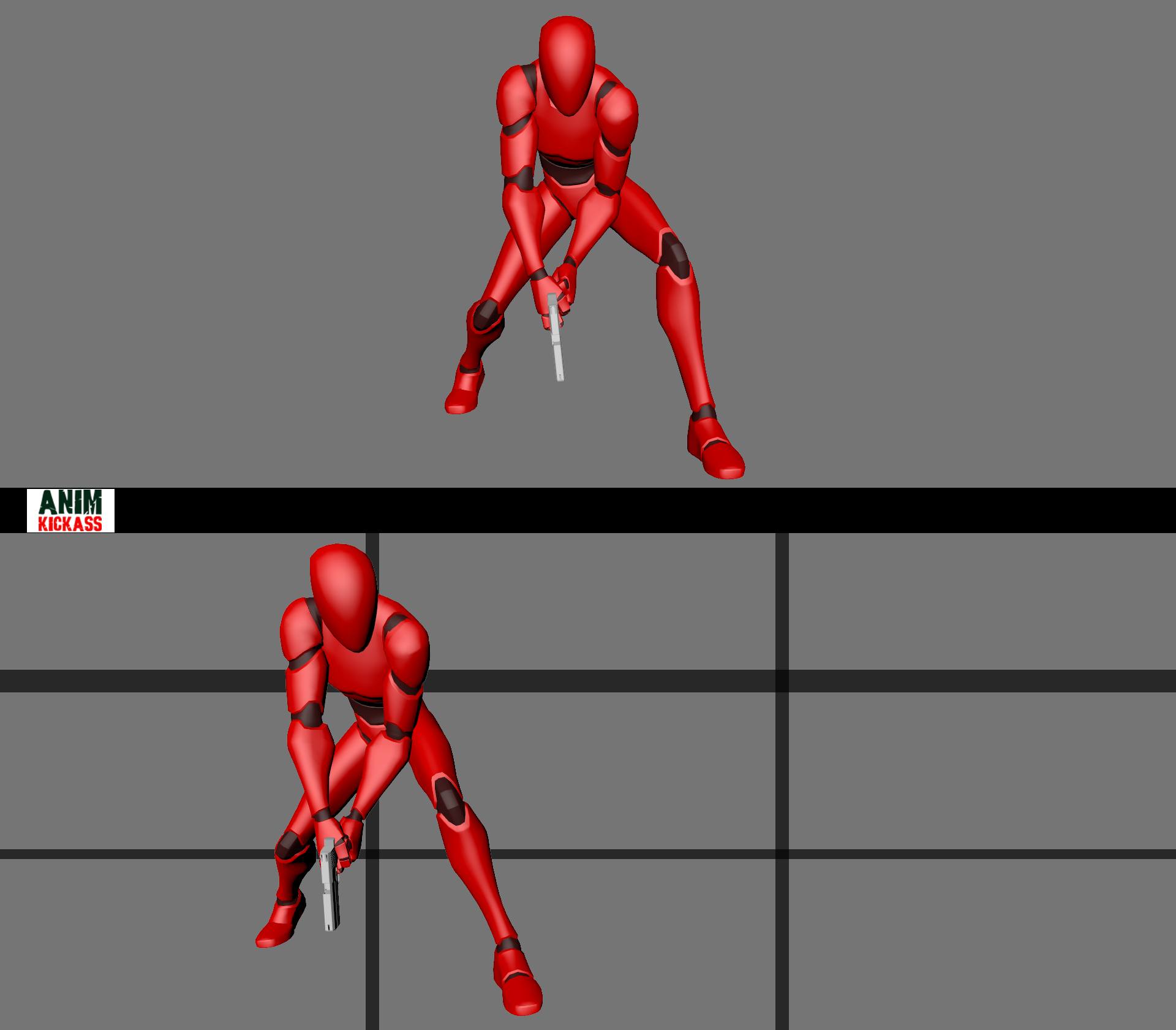 the image features two instances of a red, humanoid figure in a digital 3d rendering. each figure is in an action stance, holding a gun. the top figure is positioned above a horizontal line, while the bottom figure is set against a grid background. the overall style resembles animation or video game character design.