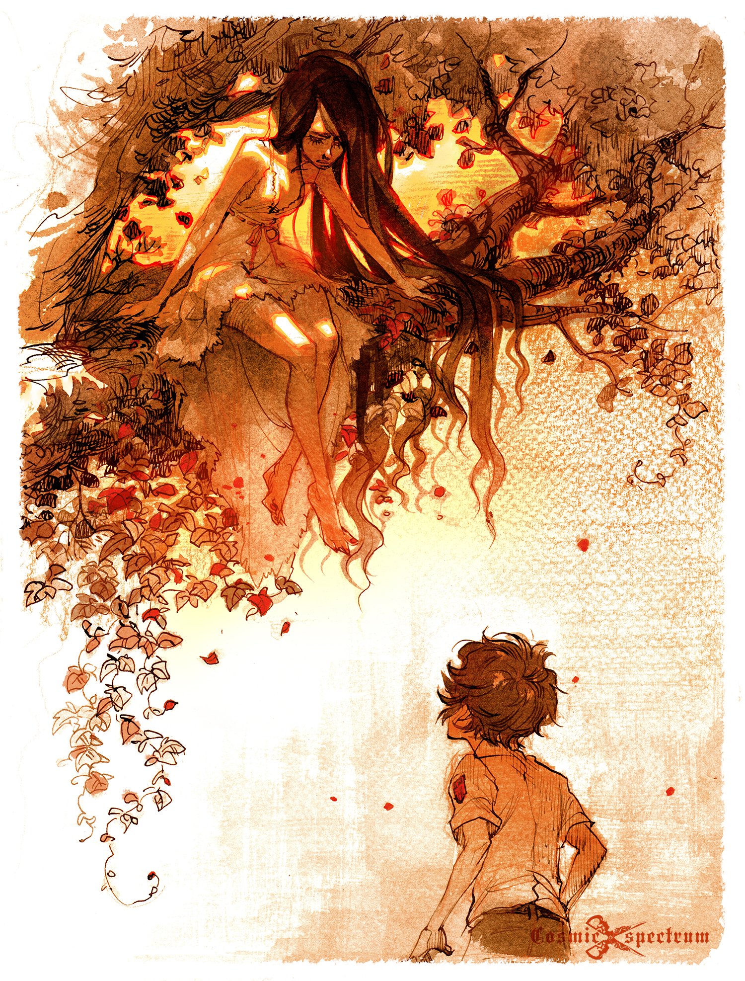 the artwork depicts a fantastical scene with an autumnal palette. a young woman with long dark hair sits in a large tree, her flowing dress partially obscuring her form.  she is positioned in a way that suggests a relaxed yet slightly melancholic pose.  the tree is heavily laden with leaves that match the warm oranges and browns in the background, which resembles a sunset.  below her, a young boy with short brown hair looks up at her with a gaze that suggests admiration or longing.  falling leaves and trailing ivy create a sense of movement and magical atmosphere.  the style is loose and expressive, combining the texture of watercolor with digital painting techniques. the overall mood is one of romance, mystery, and quiet emotion.  the artist's signature, "cosmic speeteum," is visible in the bottom right corner.