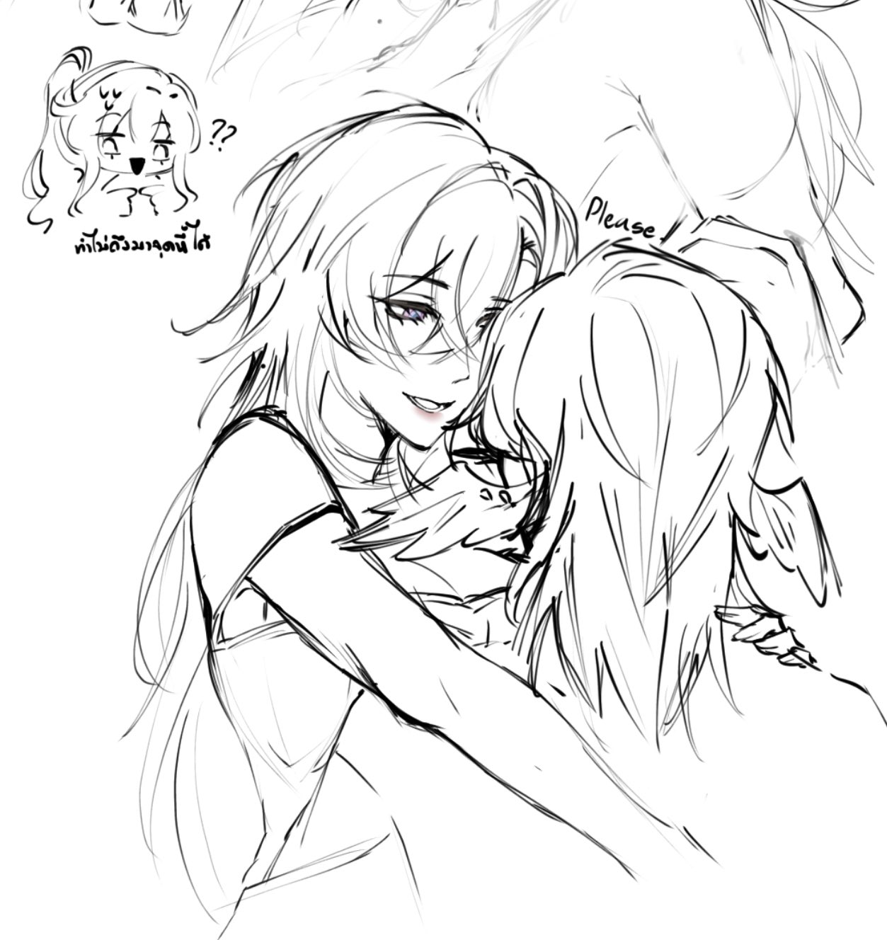 a black and white sketch of two anime girls hugging each other. the girl on the left has her arm around the girl on the right, who is resting her head on her shoulder. the girl on the left is smiling, and the girl on the right has her eyes closed. the word "please" is written on the image.