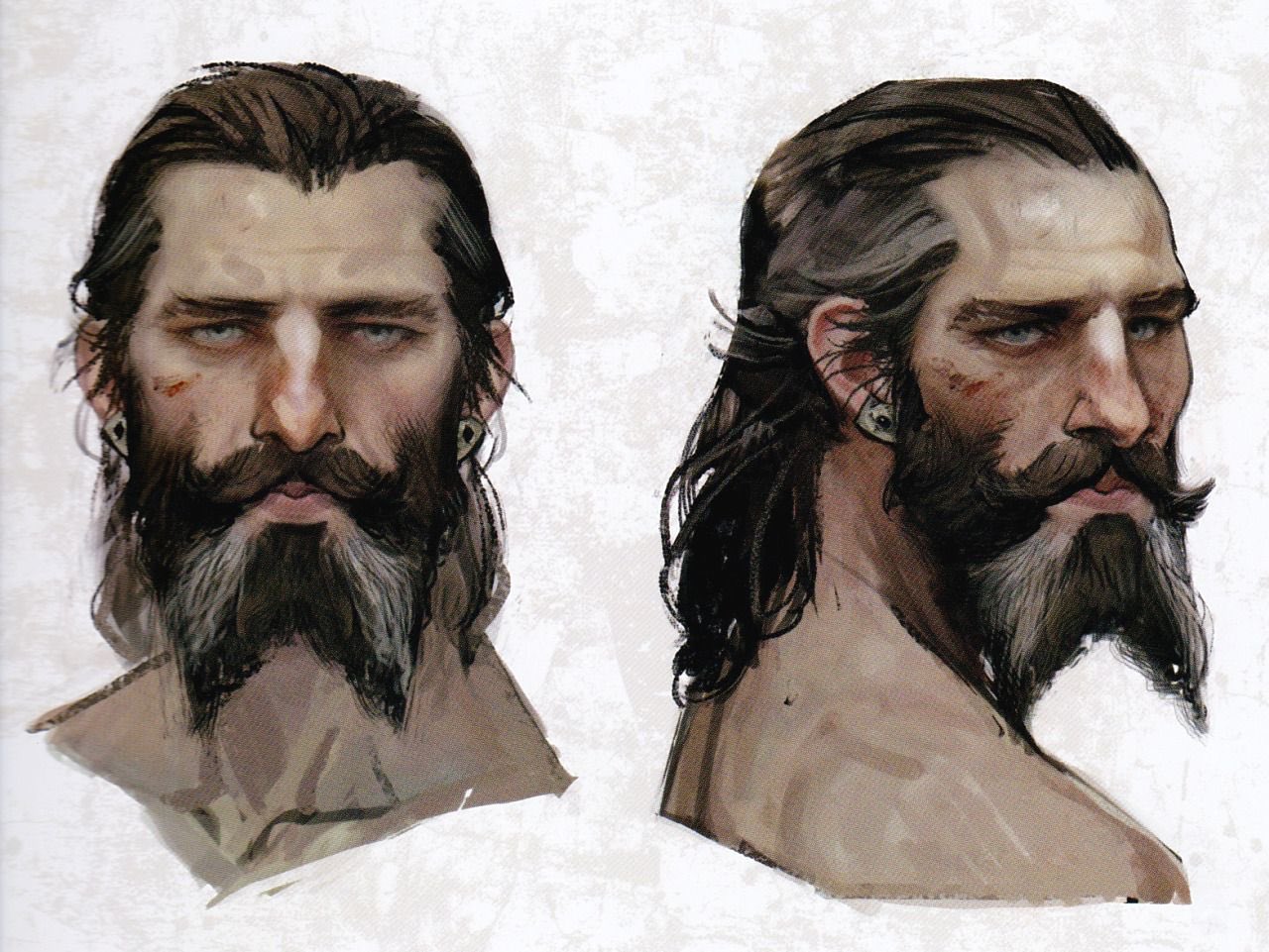 the image presents two artistic renderings of the same man's head and shoulders.  the left image shows a frontal view, and the right shows a threequarter view looking to his right. he has long brown hair that is tied back in the second image. he sports a full, slightly graying beard and mustache, and shows signs of weathering or scarring on his face. he has an earring in his left ear. the style suggests fantasy art or character design for a game or book. the rendering is painterly in style, appearing to be either digital or a reproduction of a watercolor or gouache painting. the background is a light, offwhite tone.