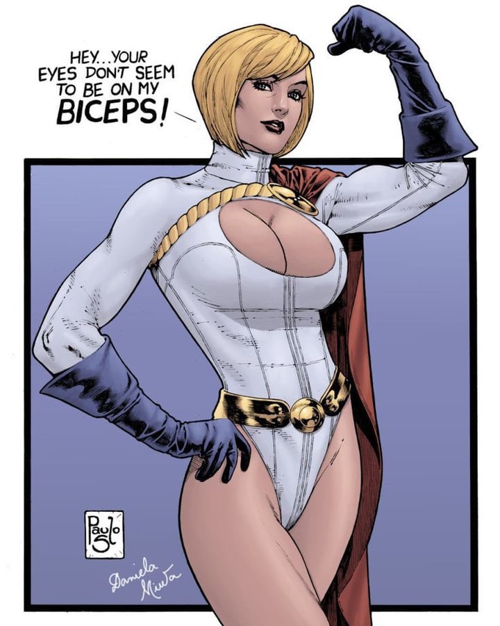 a comic bookstyle illustration of power girl, a superheroine, flexing her bicep with a humorous speech bubble above her head. she wears her signature white bodysuit with a large cutout, gloves, a cape, and has blonde hair.