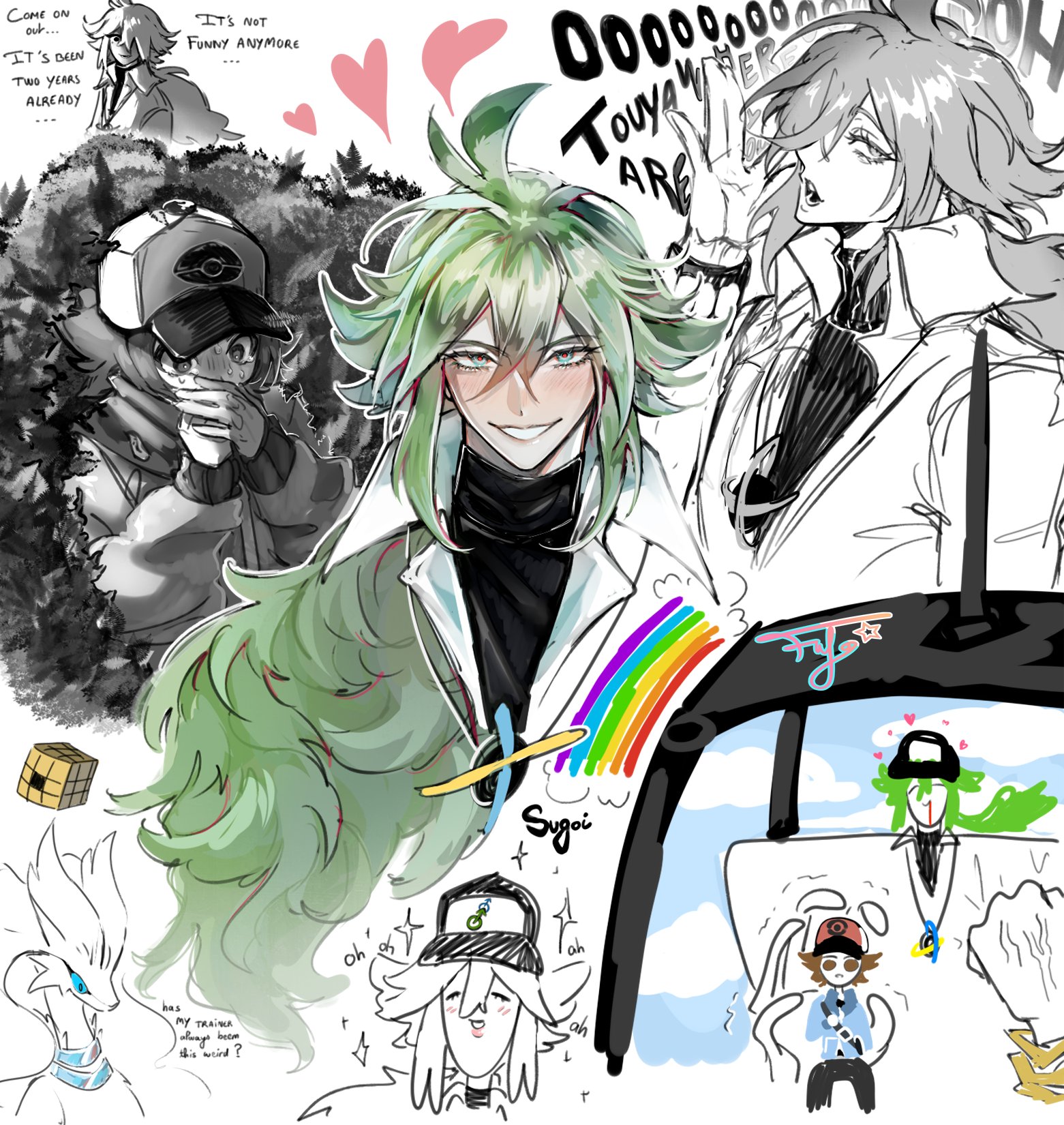he image is a vibrant and dynamic collection of doodles and sketches, primarily focusing on animestyle characters.  a central figure is a character with bright green hair, wearing a white lab coat, a smirk and a rainbow motif on their clothing.  surrounding this central figure are various other sketches, including:  a grayscale sketch that looks like a pokemon trainer, another character with long grey hair and sharp features, and multiple smaller, more cartoonish characters,  possibly pokemon or trainers themselves. there is also what looks like a cable car scene sketched in the bottom right corner. the overall style is a mix of detailed character work and loose, expressive doodles, with text and symbols scattered throughout. the piece has a chaotic but energetic feel, suggesting a sketchbook page filled with quick artistic ideas.
