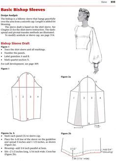 the image shows a page about basic bishop sleeves, detailing the design analysis, the draft of the sleeve, and some instructions on how to create it. there are diagrams illustrating the steps involved in drafting the bishop sleeve, along with a small image of a bishop sleeve on a garment.