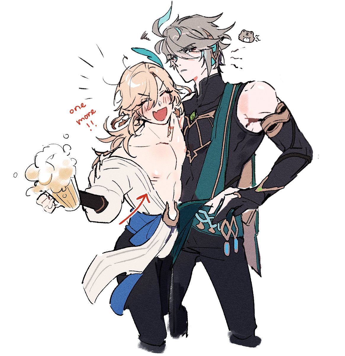 this is an illustration featuring two anime male characters. the one on the left is shirtless with a white top that is partially unbuttoned. he is holding a beer and smiling widely. the character on the right has black hair and is wearing a teal and black outfit. he has his arm wrapped around the character on the left and is looking down at him. the background is a white.
