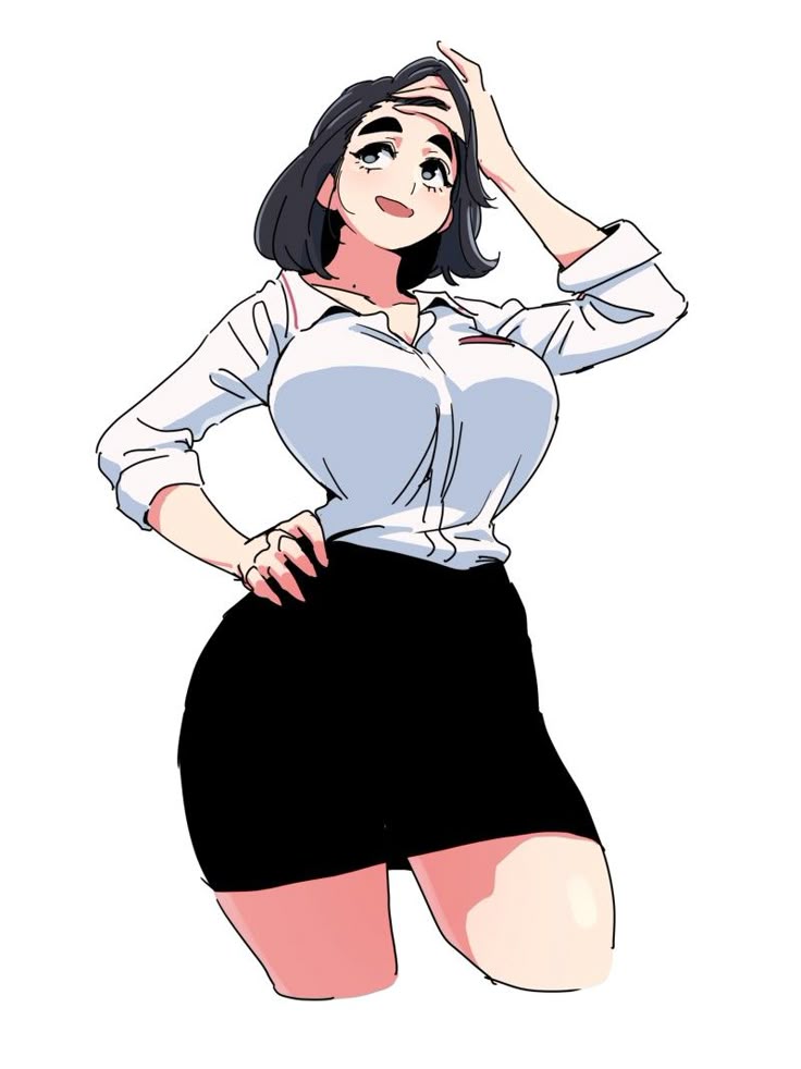 a cartoon image of a woman with short black hair wearing a white buttondown shirt and a black skirt. she has her hand on her head and the other on her hip, and she is looking up and smiling. the image is drawn in an anime style.