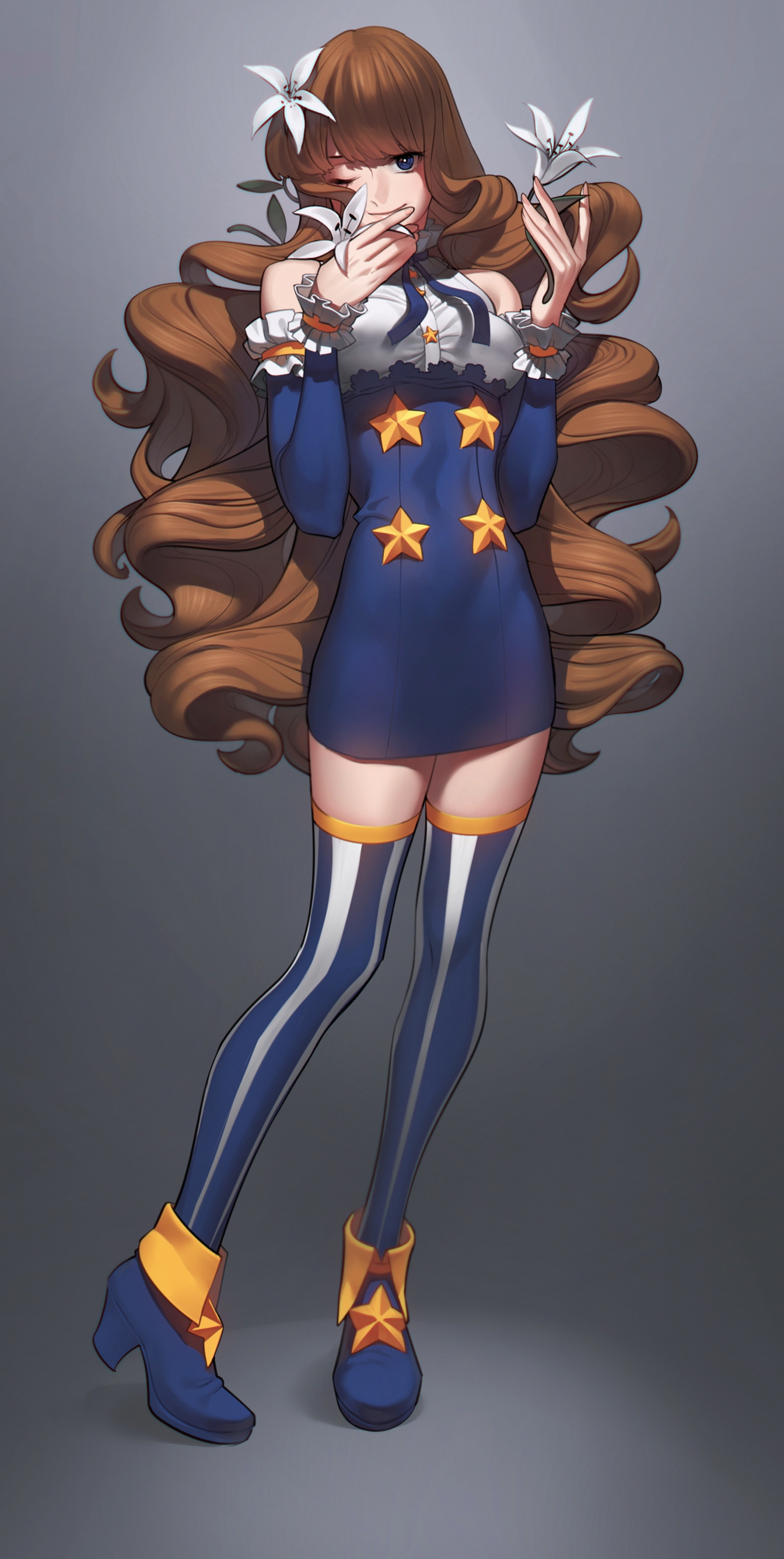 a young woman with long brown hair and blue eyes stands in a confident pose, holding a white flower to her mouth. her outfit consists of a short blue dress adorned with stars, matching thighhigh socks, and blue and yellow shoes. the background is a muted grey, drawing attention to the character's vibrant color palette.