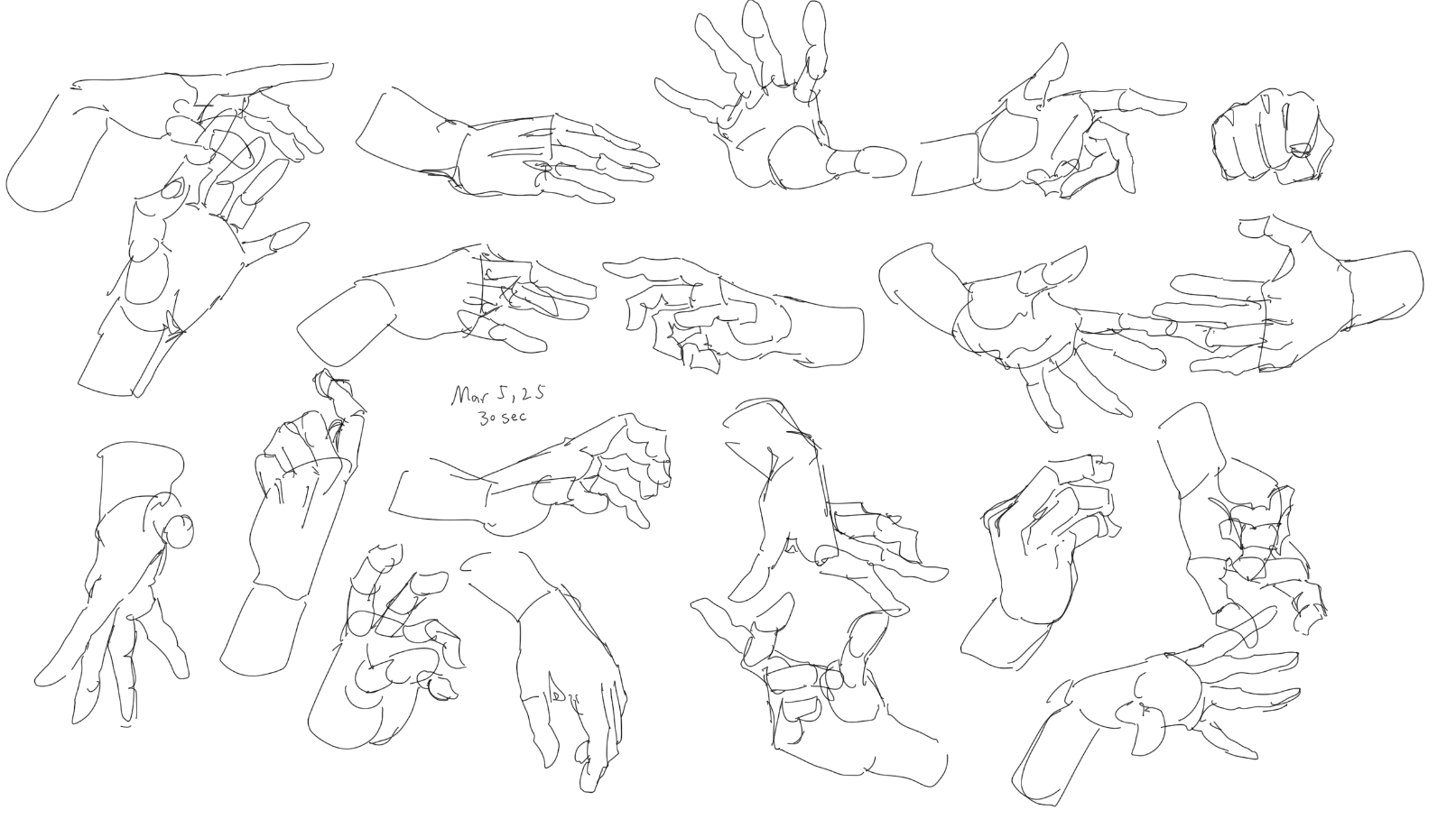 the image is a collection of line art sketches of human hands in various poses and gestures. there are open hands, closed fists, hands pointing, hands reaching, and other expressive hand movements. the sketches are done in a simple, quick style, likely as a study of hand anatomy and gesture drawing.
