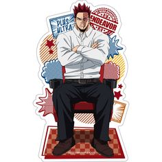a digital drawing of the character endeavor from the anime my hero academia. endeavor is seated in a red chair with his arms crossed. the background is white with splashes of red, yellow, and blue.  the character is drawn in a cartoon style with exaggerated features.