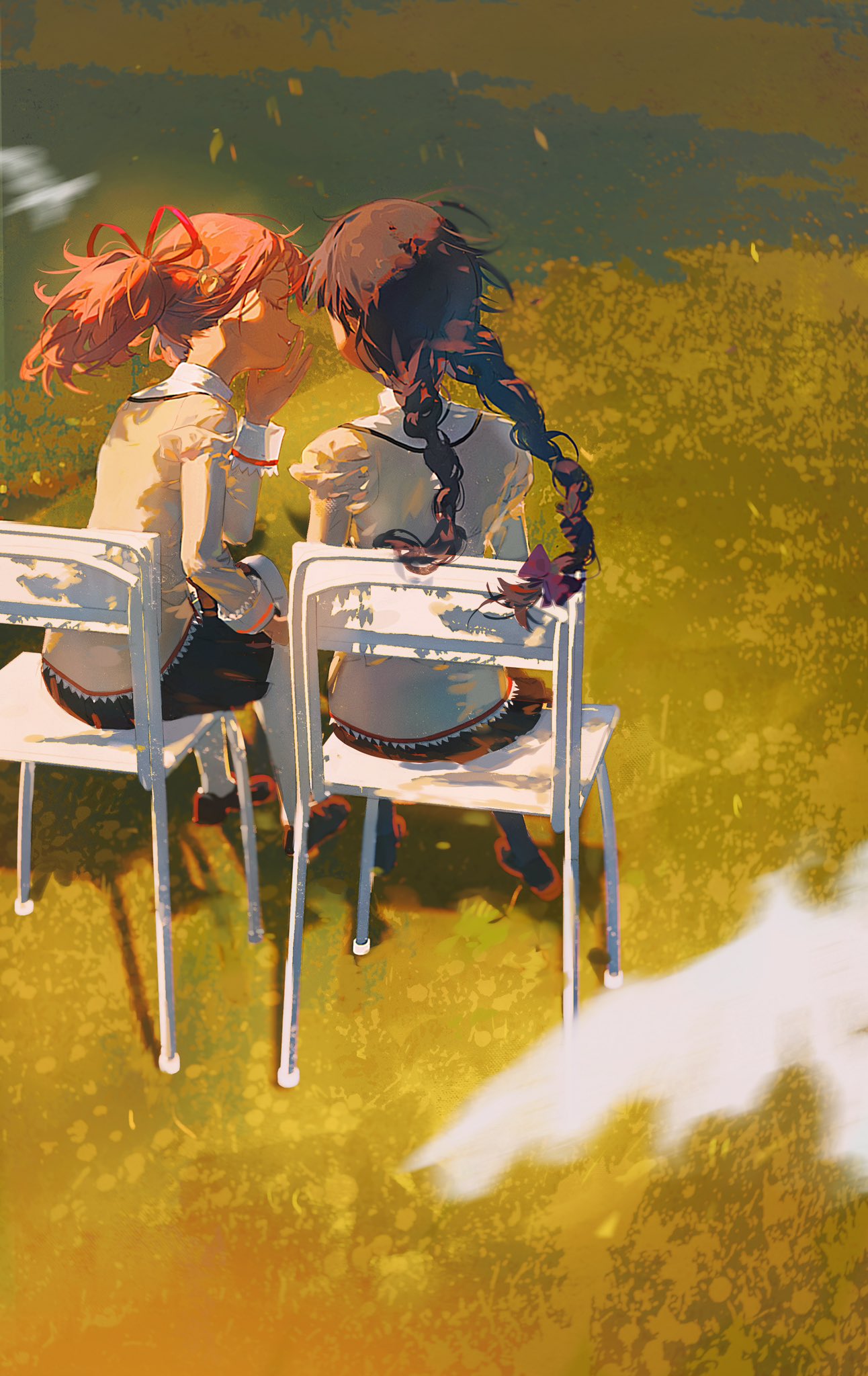 two anime girls, one with long red hair and the other with long black hair in a braid, sit on white chairs in a field of yellowgreen grass. they lean their heads together, their faces obscured from view. the lighting is warm and natural, suggesting a sunny day. the perspective is from a high angle, giving a sense of intimacy and closeness between the two girls. the overall feeling of the image is one of peace, friendship, and serenity.