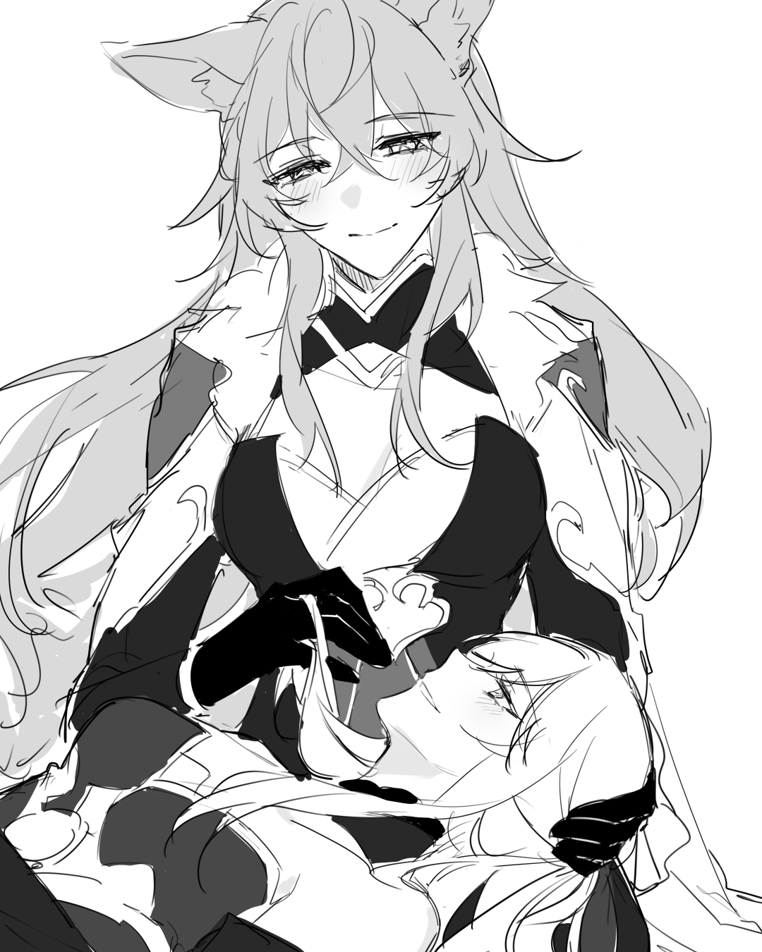 a black and white sketch of two anime girls. the girl on top has long, flowing hair and wolf ears. she is wearing a long dress with a high collar and is smiling softly. the girl on the bottom has long, straight hair and is looking up at the other girl with a smile on her face. they are cuddling close together and seem to be very happy.