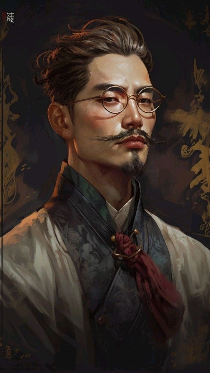 a portrait of a man wearing traditional chinese clothing with a gold background. he is wearing round glasses and a mustache. his expression is serious and he appears to be looking off to the side.