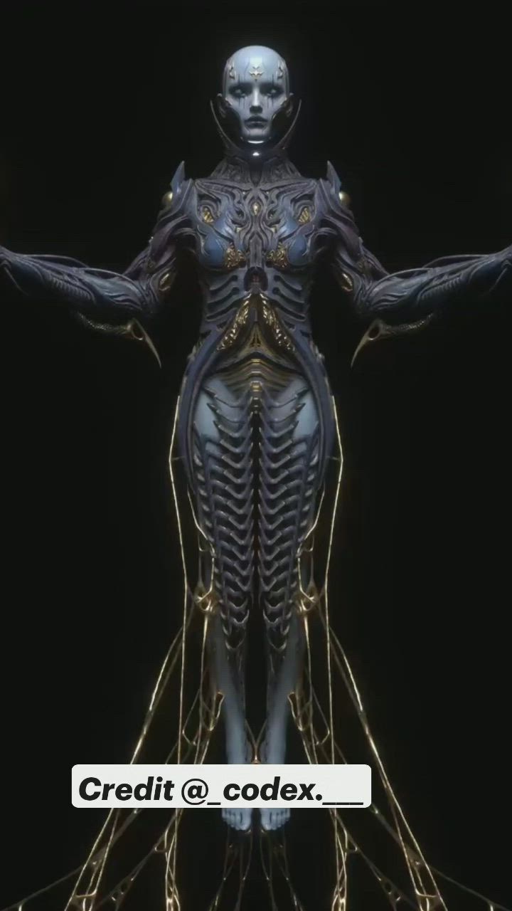 a 3d rendered image of an alien creature with humanoid features. it has a  blue and gold skin and appears to be wearing a suit of armor. the creature is standing in a dark background and has a futuristic and mystical vibe.