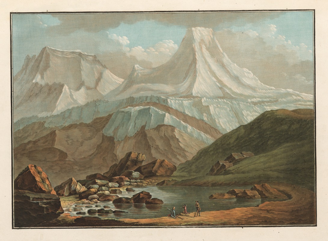 the image shows a landscape with mountains, a lake, and figures. in the background, there are several snowcapped mountains and glaciers. in the foreground, there is a lake with rocks along the shoreline. three figures are standing near the lake. the sky is cloudy with patches of blue.