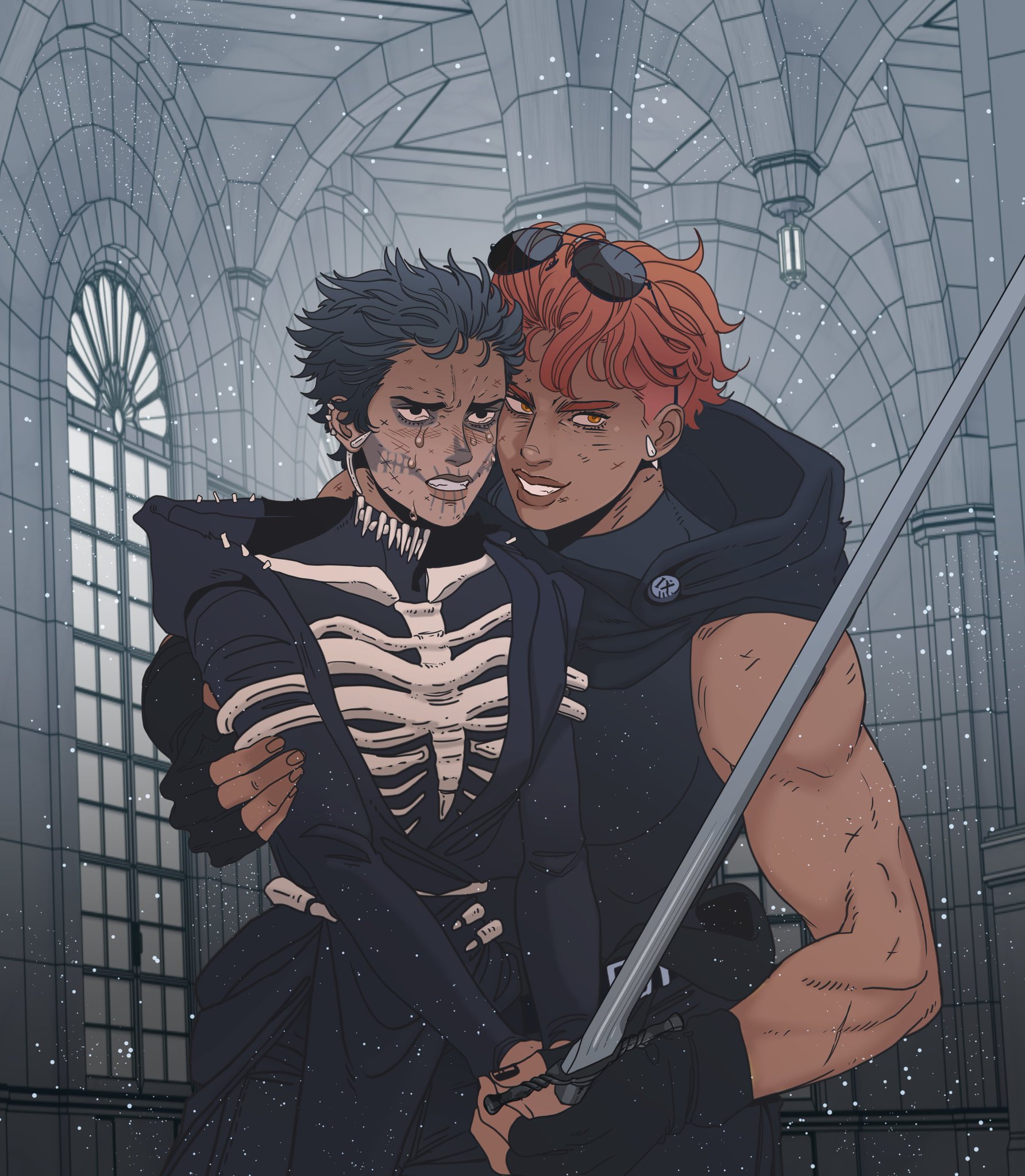 an illustration depicts two people embracing within a gothic cathedral. the individual on the left is wearing a skeleton costume and makeup, appearing as undead. they are embraced by the person on the right, who wears sunglasses and a cape, and is notably muscular. a sword extends diagonally across the lower part of the image. the background features a detailed cathedral interior with arched windows and archways.