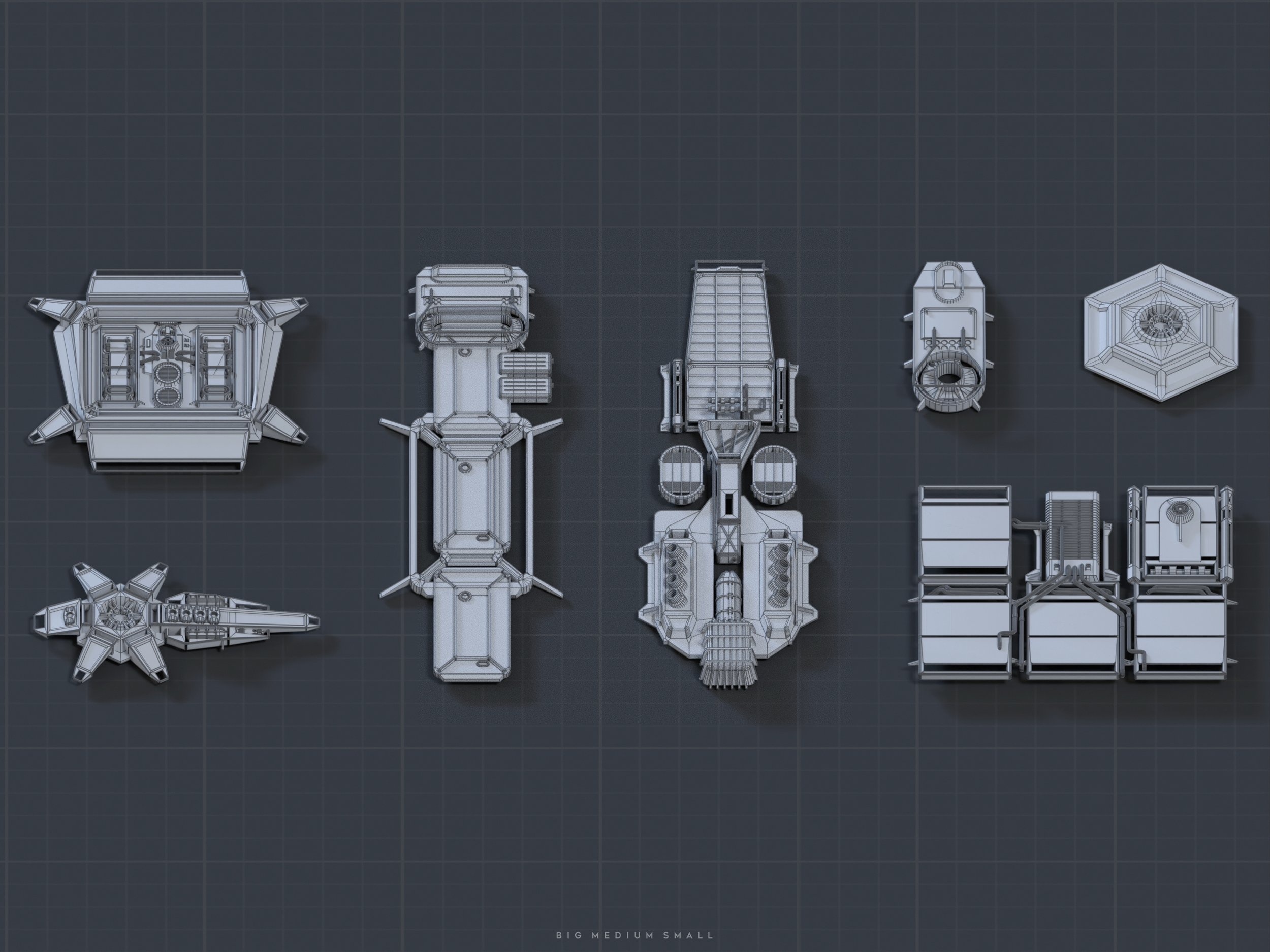 the image shows a topdown view of several modular spaceship components in a wireframe 3d model style.  these components are presented on a dark gray gridded background, reminiscent of an engineering blueprint.  the components vary in size, from large central sections to smaller peripheral units, and they're labelled at the bottom as "big, medium, small," suggesting scalability in design. the designs are clean and geometric, typical of science fiction spacecraft aesthetics. the overall visual style suggests a design phase for a video game or film.