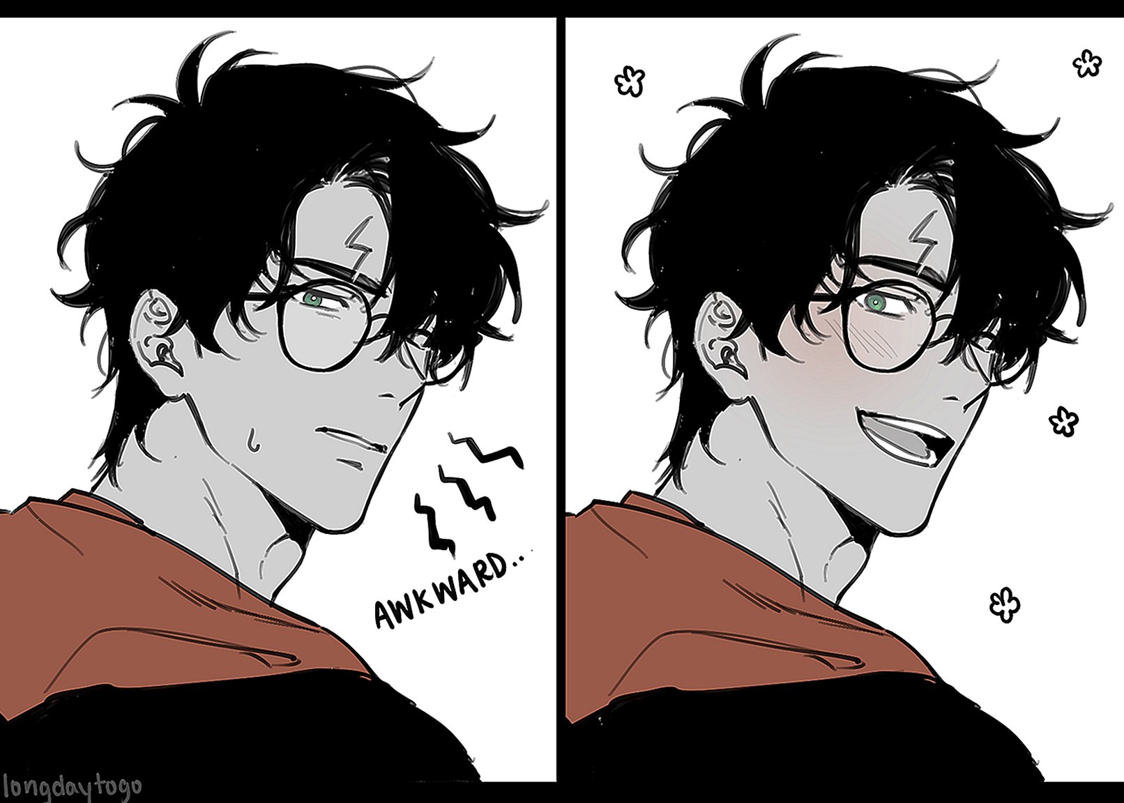 the image is a digital fanart drawing featuring a stylized version of harry potter. it's presented as a twopanel comicstyle strip.  the left panel shows harry with a neutral, slightly uncomfortable expression, accompanied by the word "awkward..." the right panel shows harry with a blush and a happy smile, implying a shift in emotion. both panels depict harry from the shoulders up, focusing on his face and hair. his signature lightning bolt scar is visible, and he's wearing round glasses and dark clothing with a reddishbrown scarf or hoodie. the art style leans towards a manga/anime aesthetic with black and white shading and defined line work.  the background is white with simple decorative elements like small flowers in the second panel.  the overall feel is lighthearted and playful.