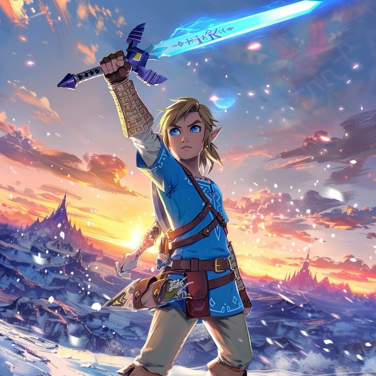 a digital illustration of link from the legend of zelda: breath of the wild, standing in a snowy landscape and holding the master sword. he is looking towards the sky, which is filled with clouds and snow. the sky is a beautiful blend of orange, pink, and blue.
