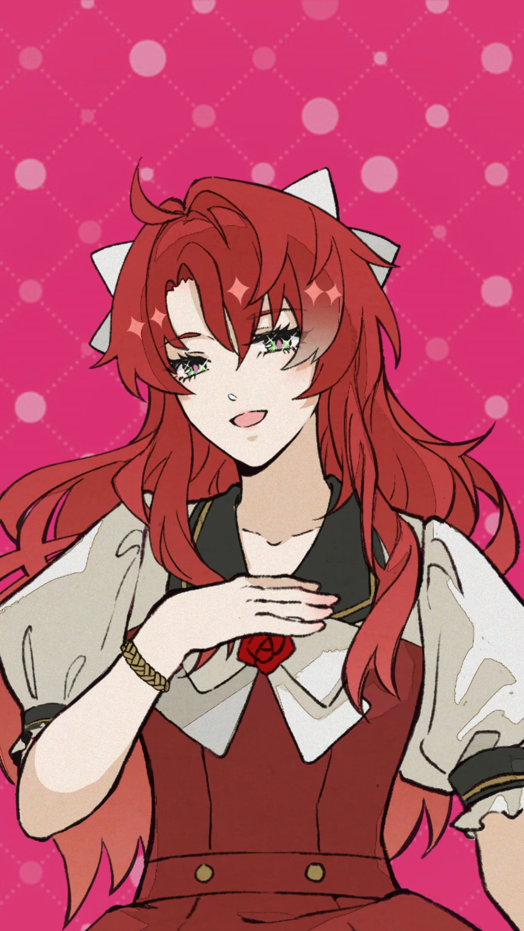 the image is a digital drawing of an animestyle girl with long, vibrant red hair. she's wearing a cute red dress with a white collar and cuffs, adorned with a small rose detail. she has a gentle smile and rosy cheeks, giving off a sweet and innocent vibe.  her pose suggests a shy, demure demeanor. the background is a bright pink with a subtle polka dot pattern. the art style is clean and polished with a focus on soft lines and warm colors, giving it an overall appealing and charming aesthetic.