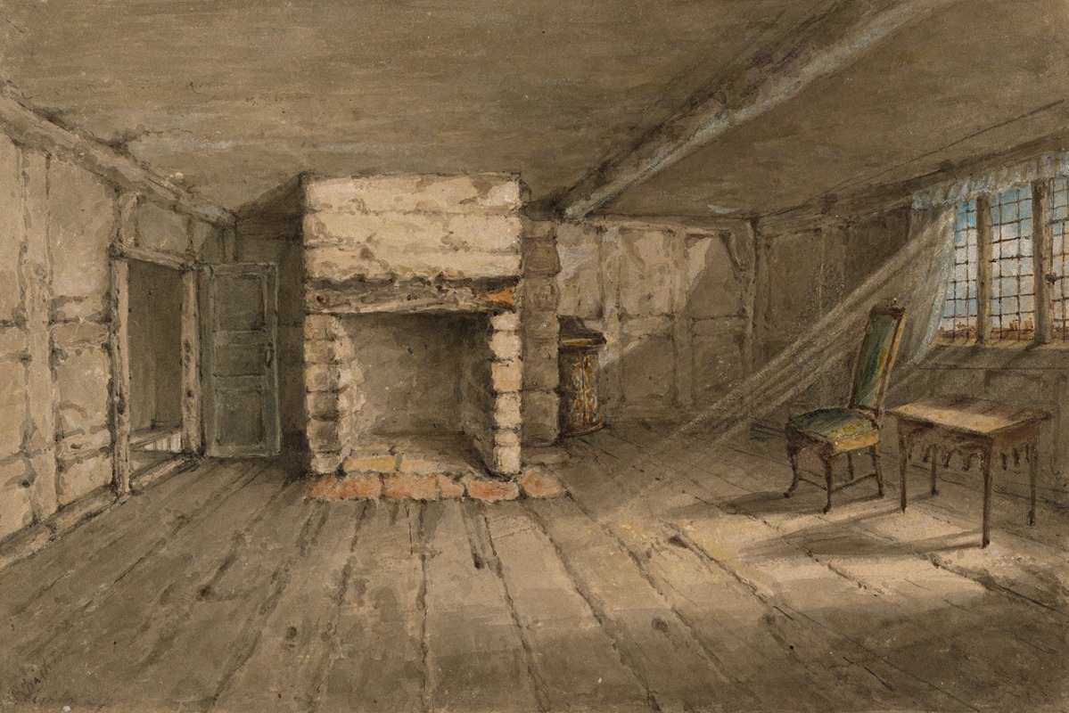an interior view of an old, rustic room. there is a large brick fireplace on the centerleft. a window is on the right with sunlight streaming in, illuminating a chair and table next to it. the room has exposed timber beams, a wooden floor, and a door is visible on the left side. the room is empty and the style suggests a vintage or historical setting. it appears to be a watercolor painting.