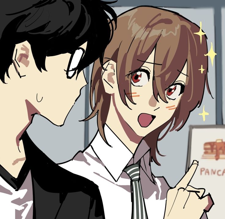 the image is a digital drawing in an anime or manga style depicting two boys. one has short, dark hair and appears slightly surprised or intrigued, and the other has shoulderlength brown hair, a surprised/excited expression with blush on his cheeks, and is pointing with one finger.  they appear to be in close proximity, suggesting a close relationship, though the nature of the relationship (friendship or romantic) is ambiguous.  the art style is stylized and somewhat rough around the edges, characteristic of webcomics or fanart.  the background is simplistic and includes a partially visible sign suggesting a "pancake" restaurant. the overall mood is light and playful.