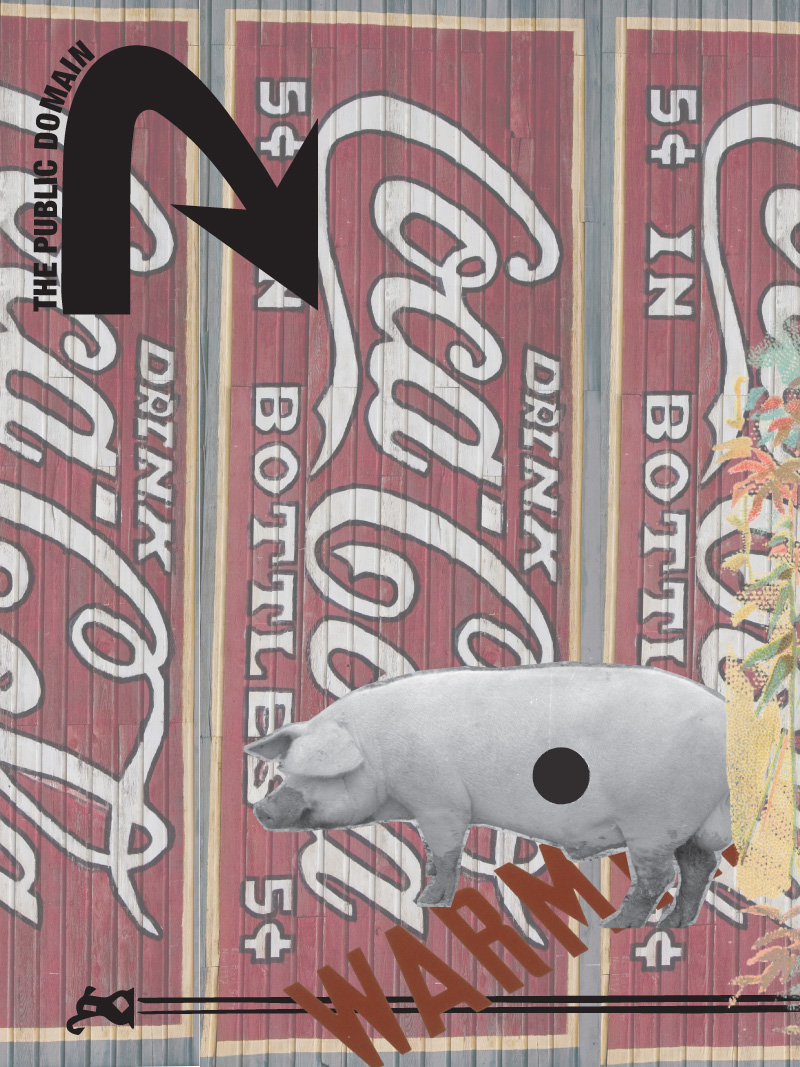 the image is a collage featuring a vintage cocacola advertisement on a weathered, wooden wall. a gray pig, positioned in front of the advertisement, faces left. the pig has a black circle on its side, resembling a target. the words "warm" appear in distressed, red lettering beneath the pig. an upwardpointing arrow, labeled "the public domain," is situated on the left side of the image.