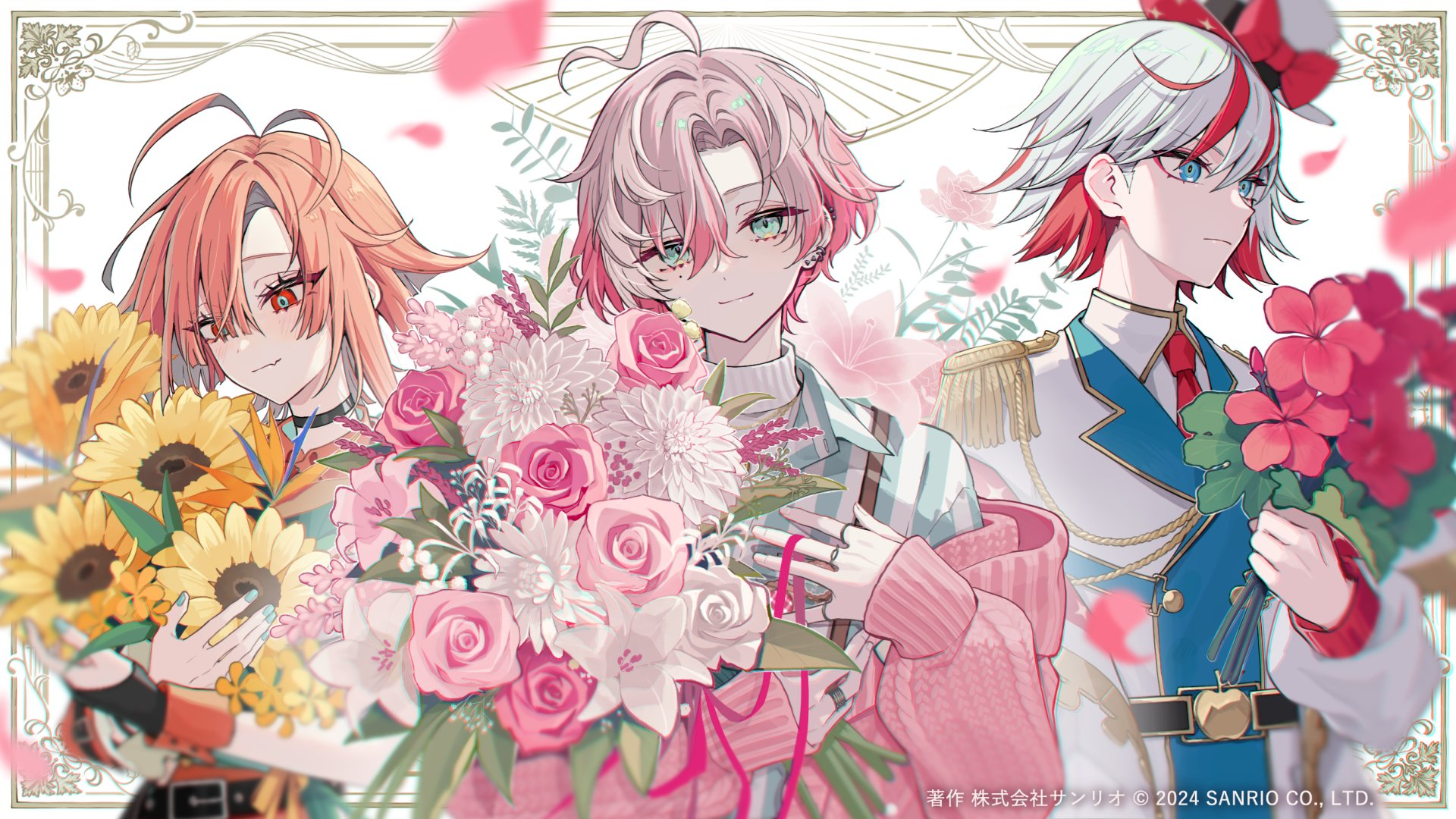 the image features three boys holding bouquets. the boy on the left has orange hair and holds a bouquet of sunflowers. the boy in the middle has pink hair and holds a bouquet of pink roses. the boy on the right has white hair and holds a bouquet of red geraniums. they are all wearing fashionable outfits. the background is white with floral accents.