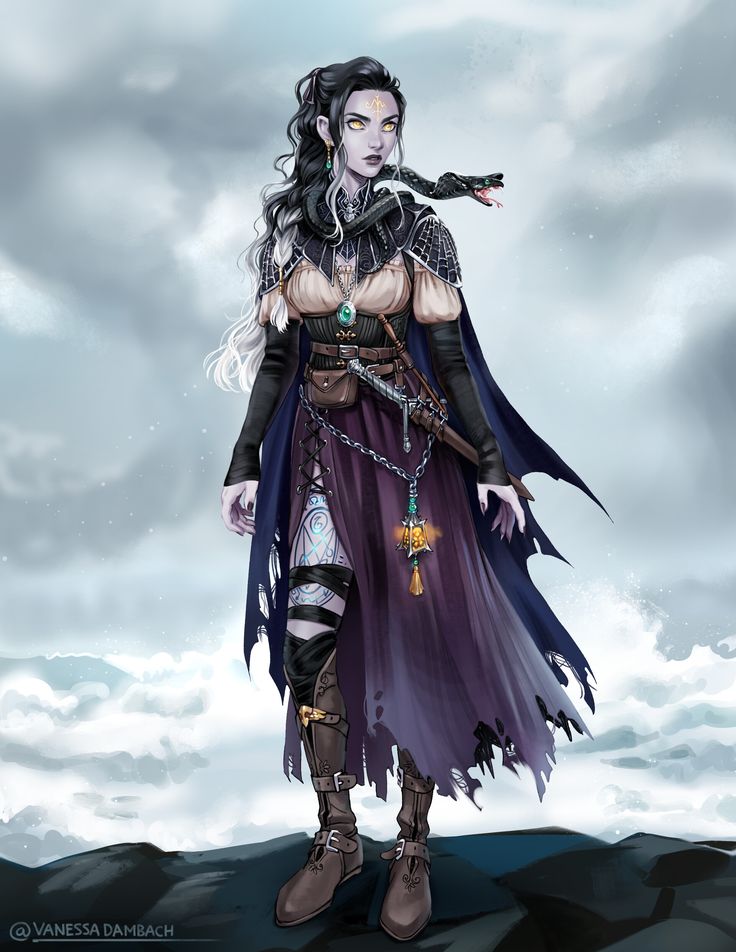 a female fantasy character with pale skin, dark hair streaked with white, and piercing blue eyes stands on a rocky shore facing the viewer. she wears dark fantasyinspired clothing, including a torn and flowing purple dress, brown leather bodice, and arm guards. her outfit is adorned with intricate details like buckles, chains, and an amulet holding a glowing green stone. a black snake with yellow markings is wrapped around her shoulders. the stormy sea and cloudy sky create a dramatic backdrop. the overall color palette is dark and atmospheric, with soft lighting that highlights the character.