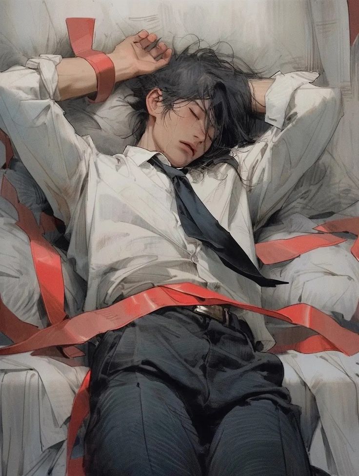 a man is lying on his back on a bed. he is bound by red ribbons and is wearing a white shirt with a black tie. he is asleep and his hair is long and dark. the background is a white and gray canvas. the overall mood of the image is one of helplessness and captivity.
