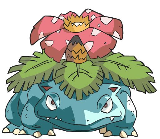 the image shows a detailed illustration of venusaur, a pokémon from the kanto region.  venusaur is depicted in a threequarter view, sitting on its legs.  its characteristic large, bulbous flower is prominently displayed on its back, along with leafy green foliage. the artwork is clearly a stylized character design, likely from a video game or trading card game. the coloring is vibrant and the lines are clean, suggesting professional digital art. venusaur is facing the viewer with a somewhat serious expression.