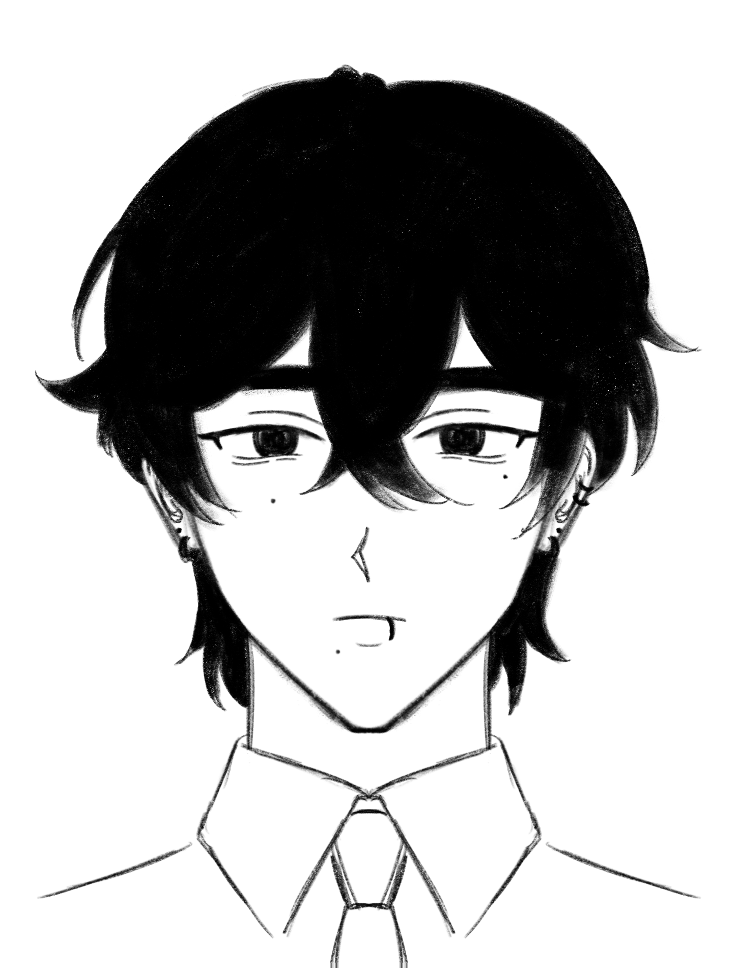 the image is a black and white, stylized drawing or sketch of a young animestyle male character. he has short, dark hair with bangs that partially cover his forehead.  he's wearing a collared shirt and tie, suggesting a somewhat formal or professional appearance.  he has multiple earrings/piercings visible in his ears, and a lip piercing. his expression is neutral or slightly serious. the style is clean and somewhat minimalist, focusing on strong lines and shading. the overall mood is calm and sophisticated.