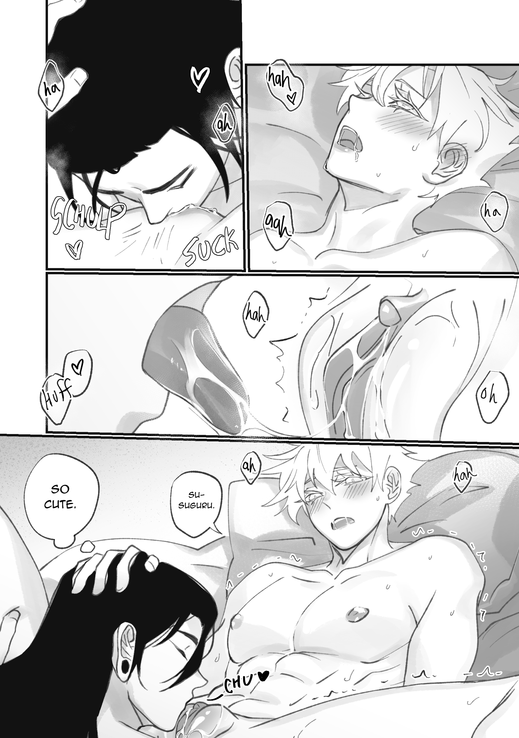 he image is a yaoi manga depicting two men engaging in intimate acts.  the art style is monochrome with soft shading and linework. the panels show various stages of physical intimacy, including kissing, oral sex, and suggestive poses.  the characters are expressive, with visible blushing and sound effects indicating pleasure. the overall tone is romantic and suggestive.