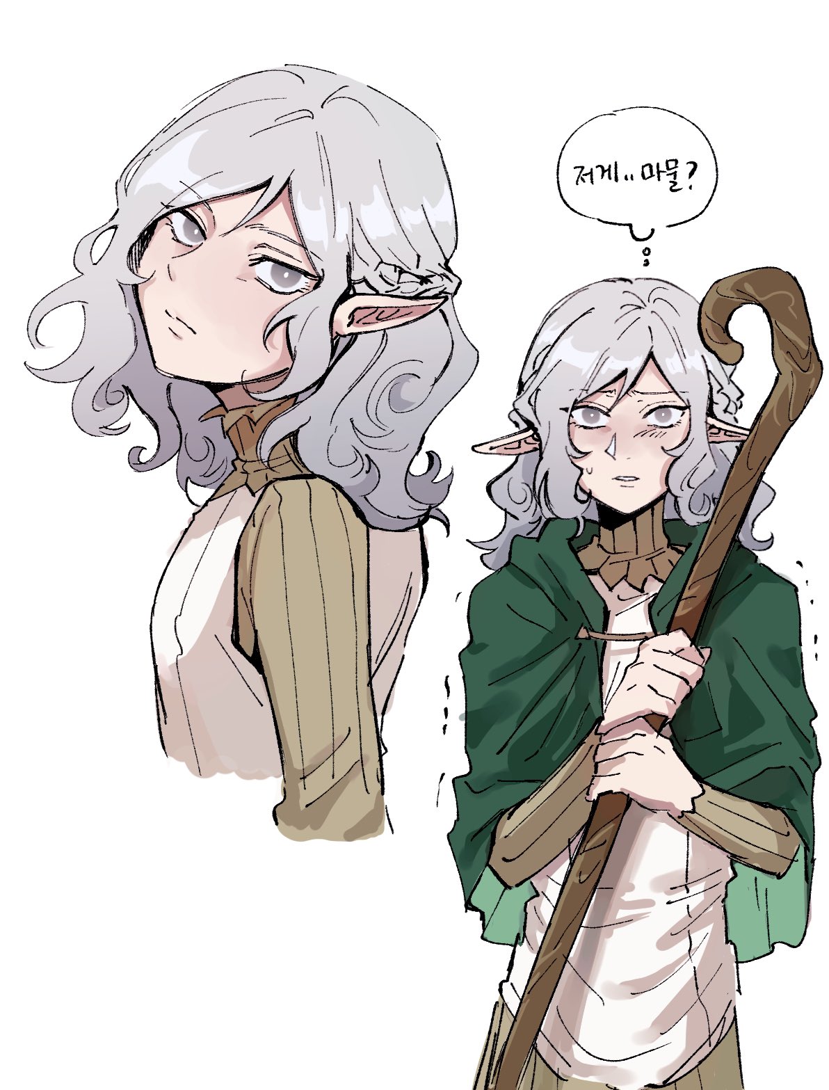 he image contains two illustrations of female elves in an anime/manga style.  the illustration on the left shows a halfbody depiction of an elf with long, wavy gray hair, pointed ears, and a worried expression. she's wearing a beige top.  the illustration on the right shows a fullbody elf with similar features, a green cloak, and a staff. this elf appears more pensive, holding the staff tightly. a speech bubble above her head contains korean text.  both illustrations share similar features, suggesting they might be different perspectives of the same character or related characters. the art style is slightly rough and sketchy, giving it a less polished feel.